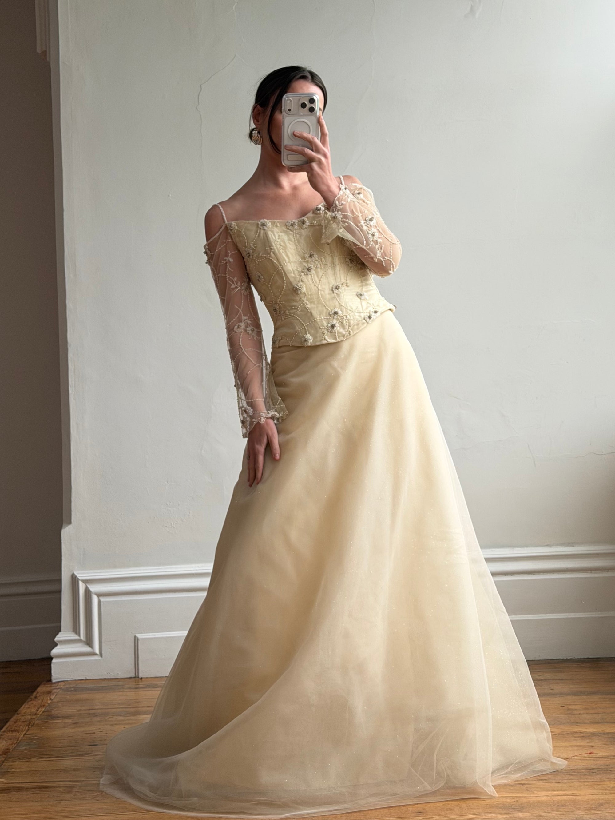 Vintage 90s Daisy Glass Bead Long Sleeved Bustier &amp; Sparkle Tulle Ball Gown Set