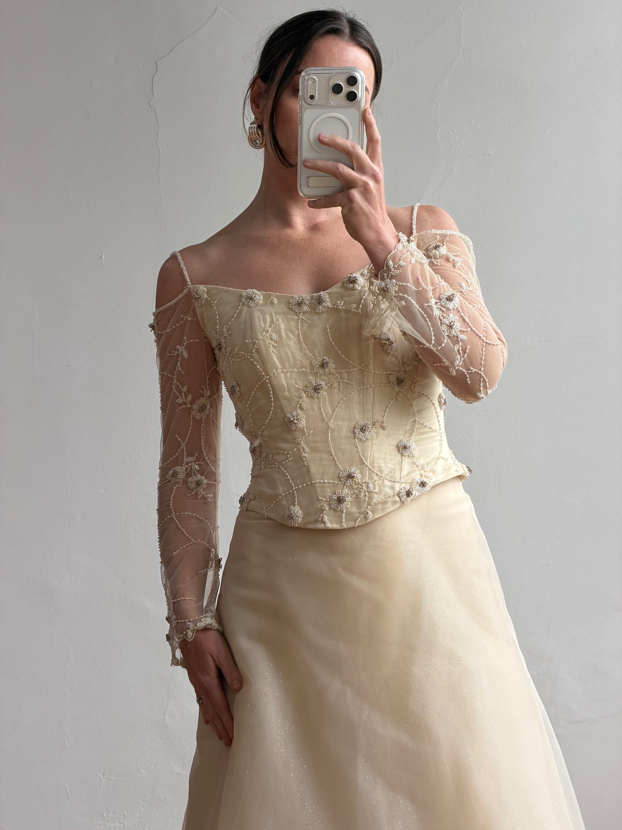 Vintage 90s Daisy Glass Bead Long Sleeved Bustier &amp; Sparkle Tulle Ball Gown Set