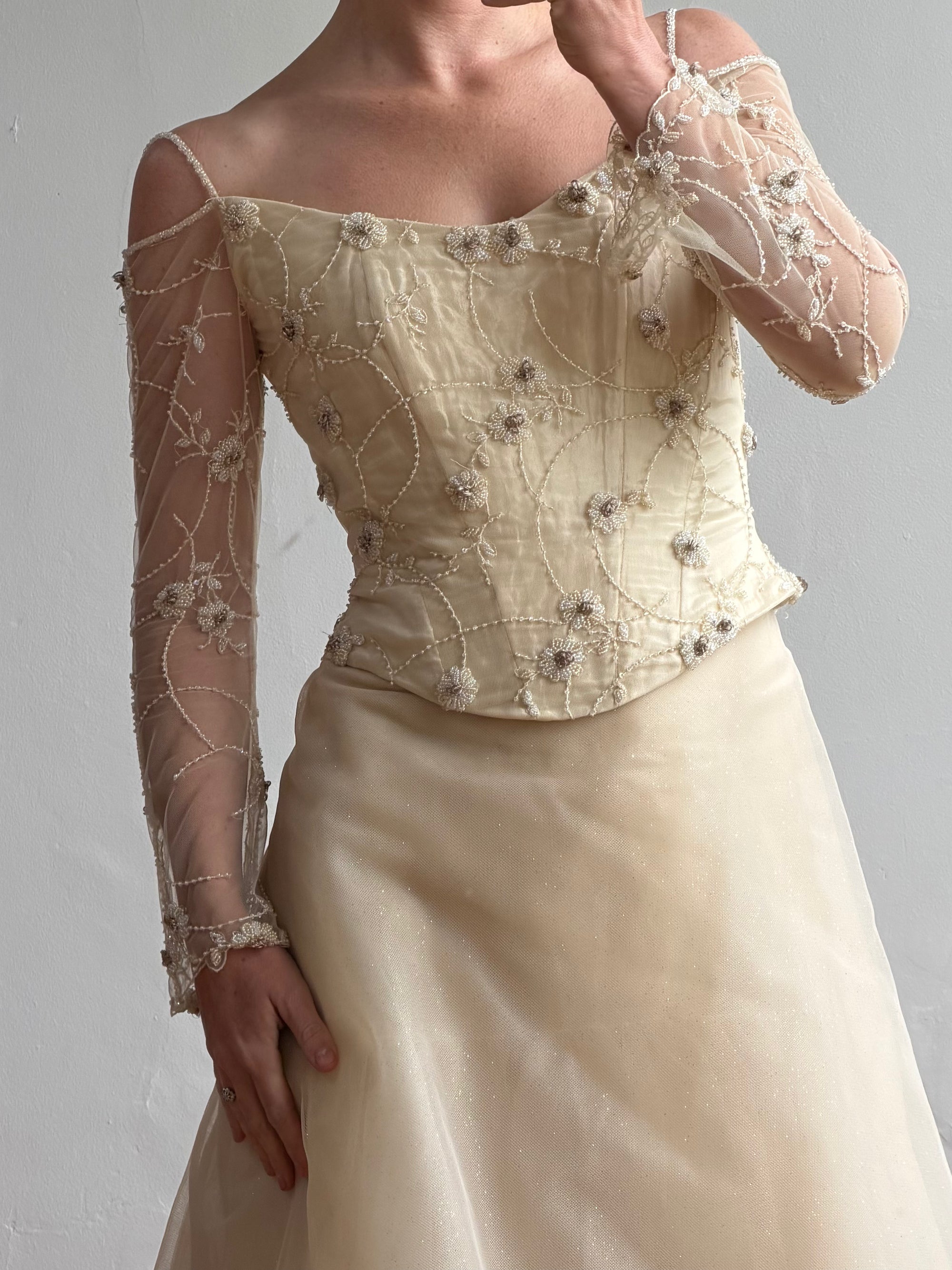 Vintage 90s Daisy Glass Bead Long Sleeved Bustier &amp; Sparkle Tulle Ball Gown Set