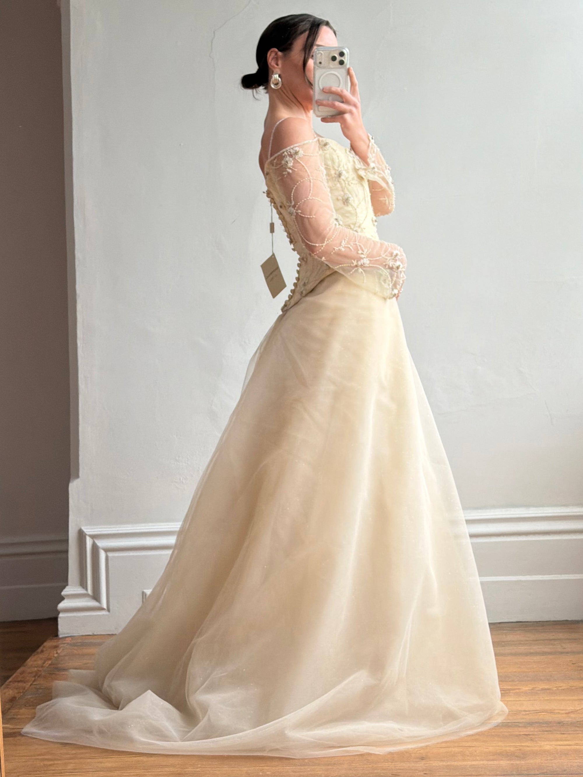 Vintage 90s Daisy Glass Bead Long Sleeved Bustier &amp; Sparkle Tulle Ball Gown Set