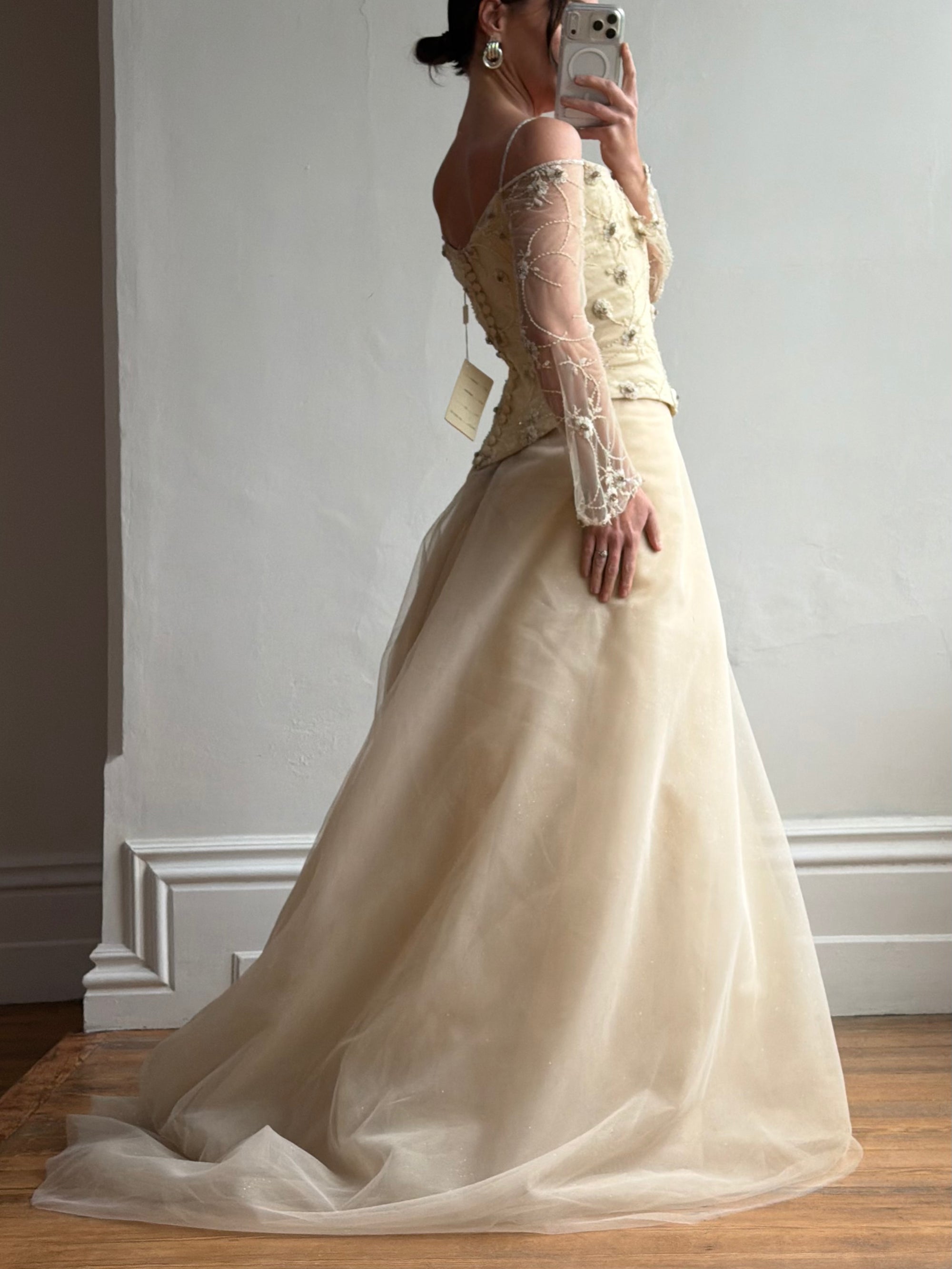 Vintage 90s Daisy Glass Bead Long Sleeved Bustier &amp; Sparkle Tulle Ball Gown Set