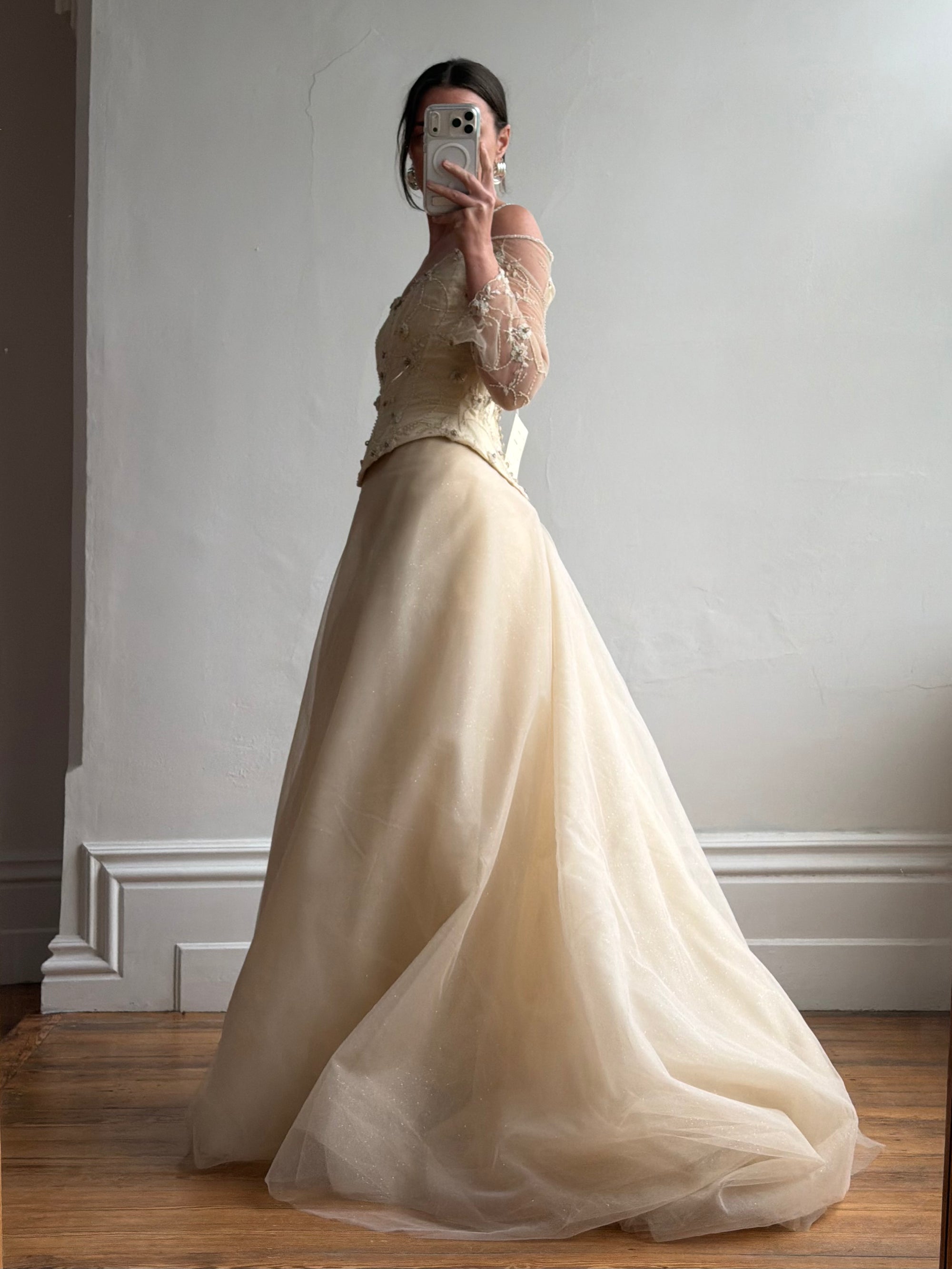 Vintage 90s Daisy Glass Bead Long Sleeved Bustier &amp; Sparkle Tulle Ball Gown Set