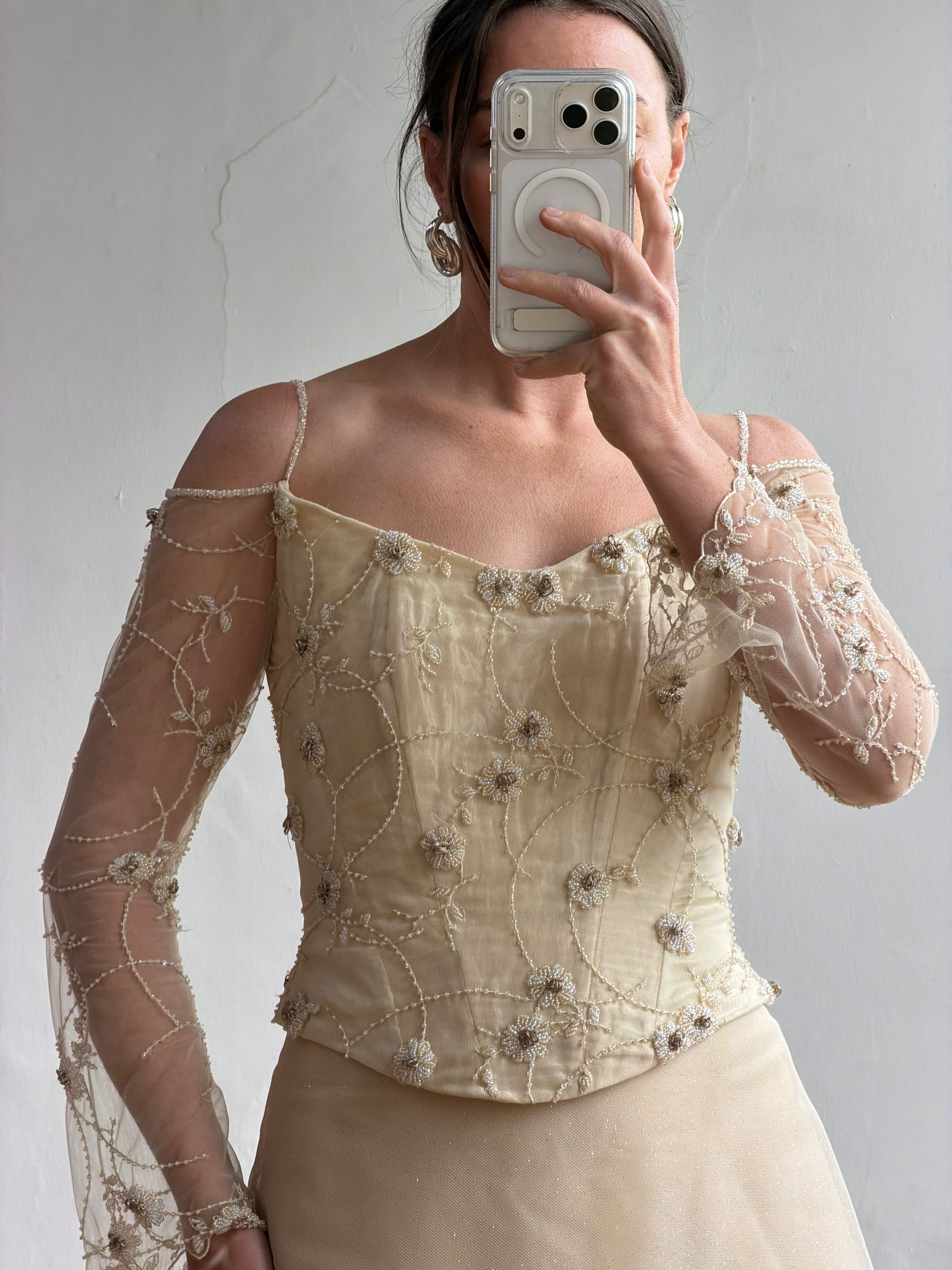 Vintage 90s Daisy Glass Bead Long Sleeved Bustier &amp; Sparkle Tulle Ball Gown Set