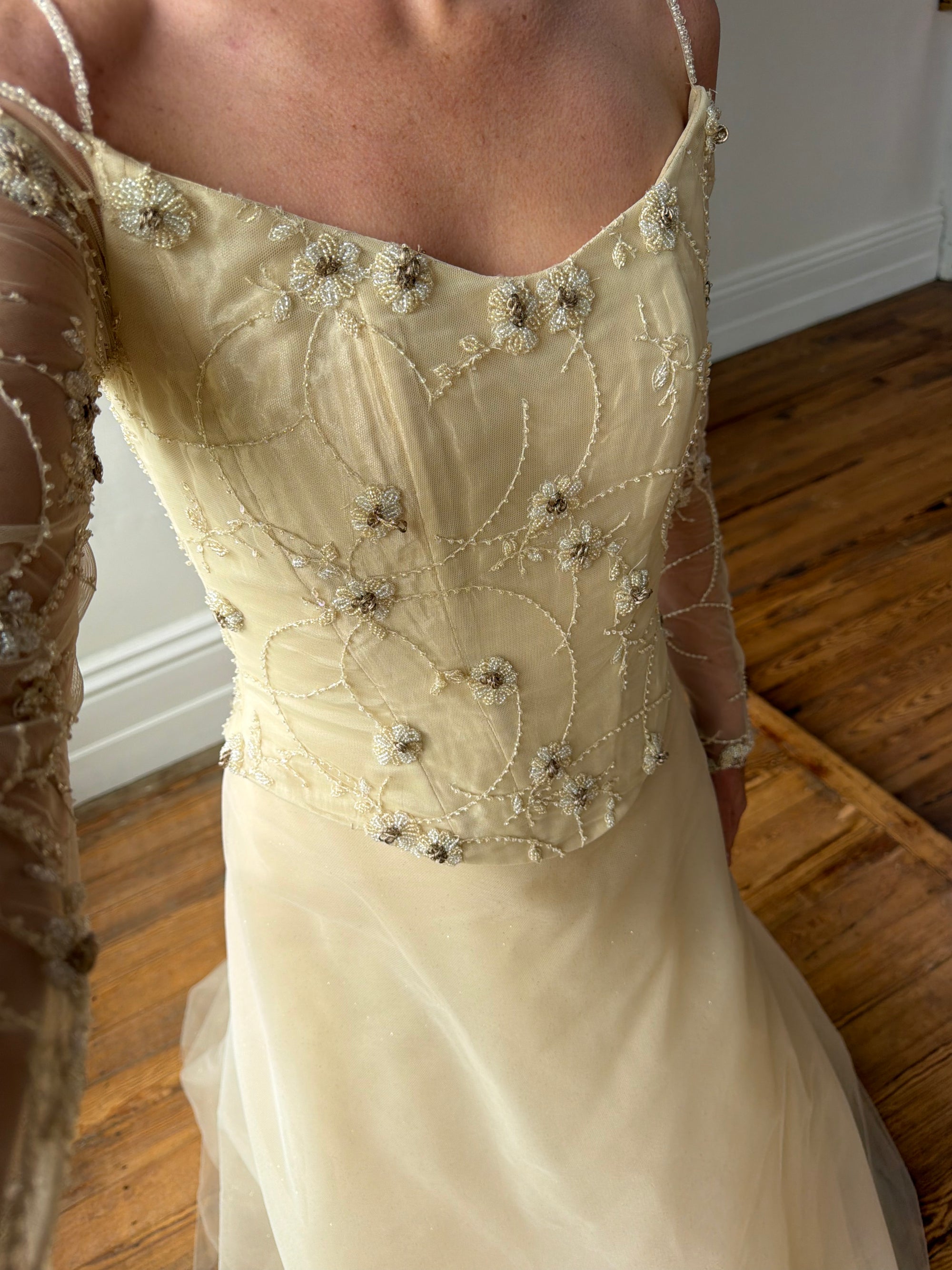 Vintage 90s Daisy Glass Bead Long Sleeved Bustier &amp; Sparkle Tulle Ball Gown Set