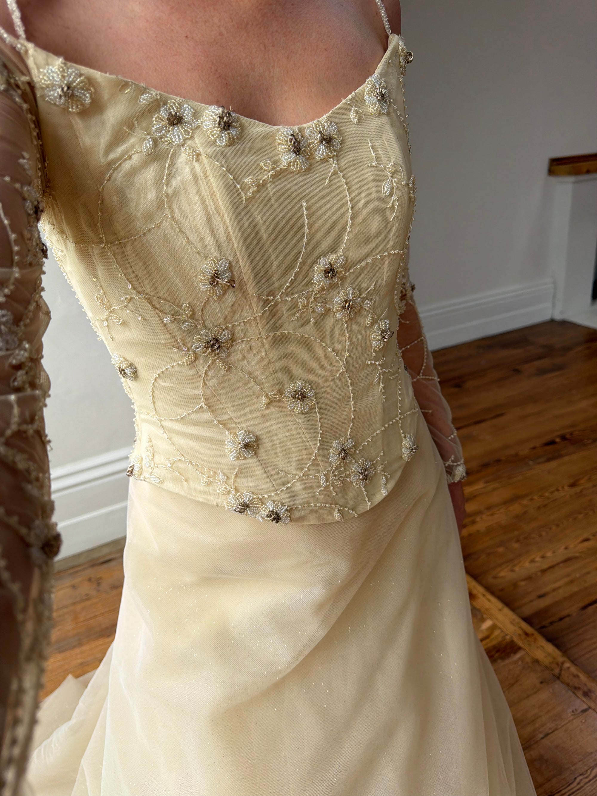 Vintage 90s Daisy Glass Bead Long Sleeved Bustier &amp; Sparkle Tulle Ball Gown Set