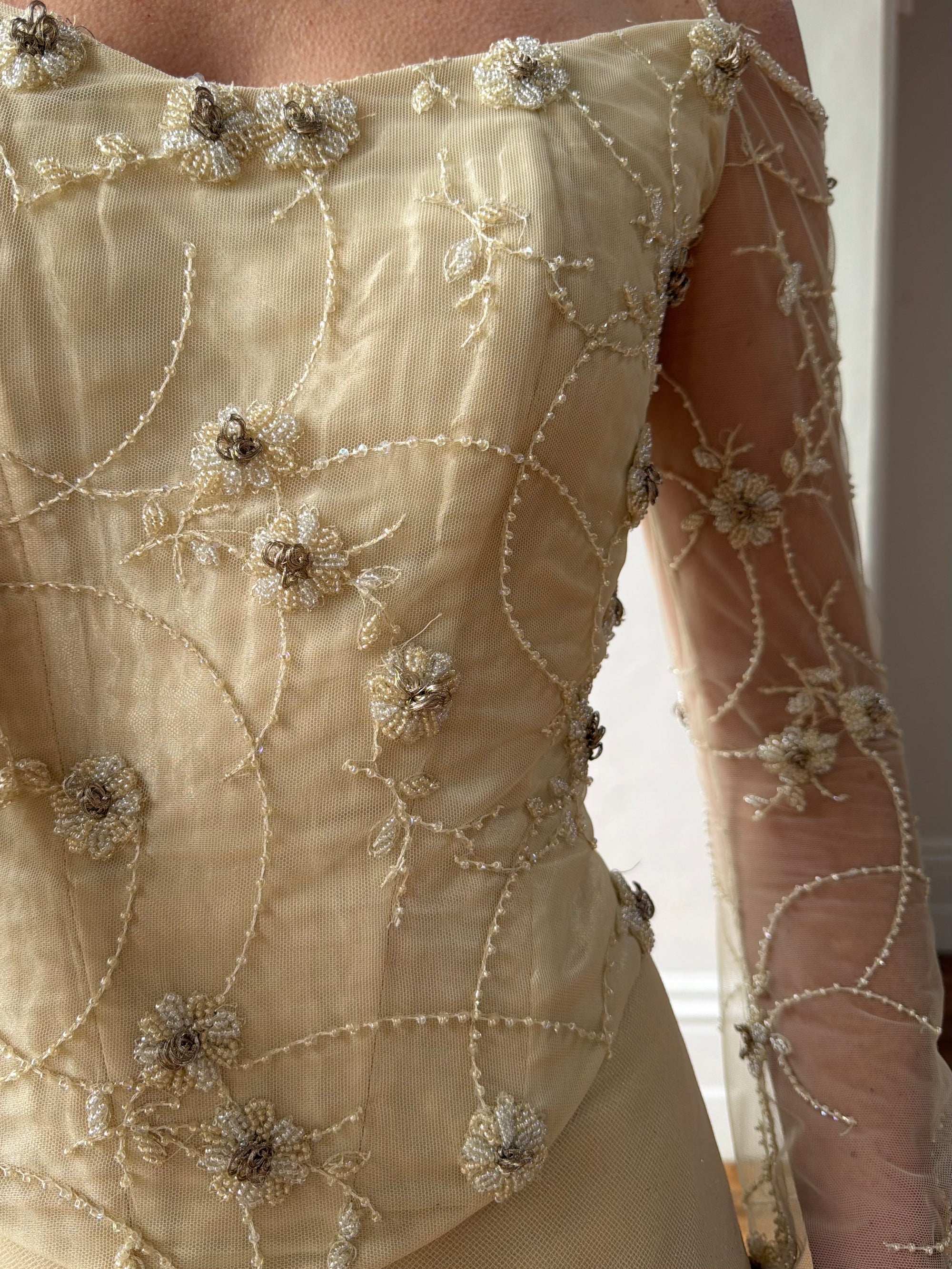 Vintage 90s Daisy Glass Bead Long Sleeved Bustier &amp; Sparkle Tulle Ball Gown Set