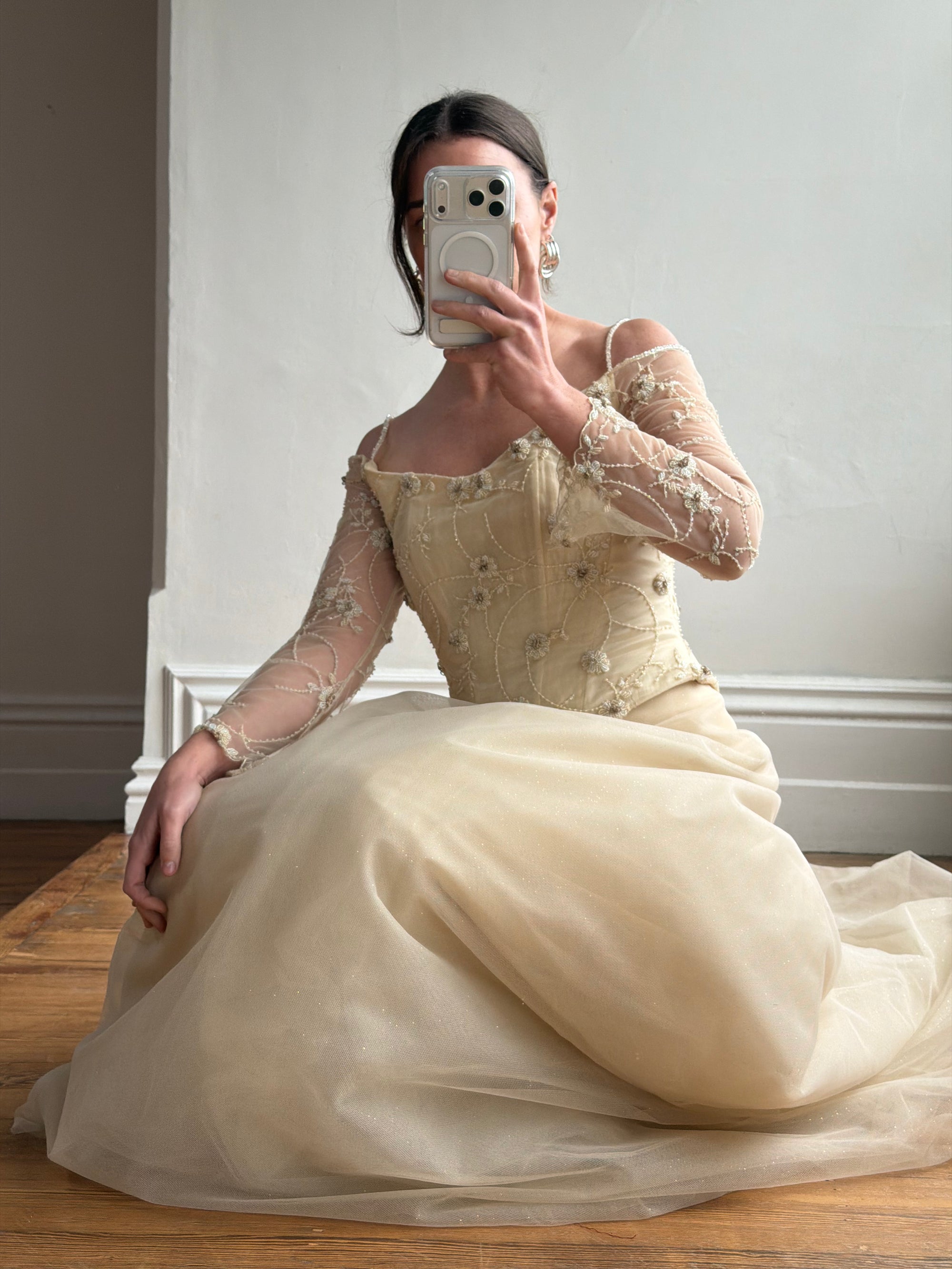 Vintage 90s Daisy Glass Bead Long Sleeved Bustier &amp; Sparkle Tulle Ball Gown Set