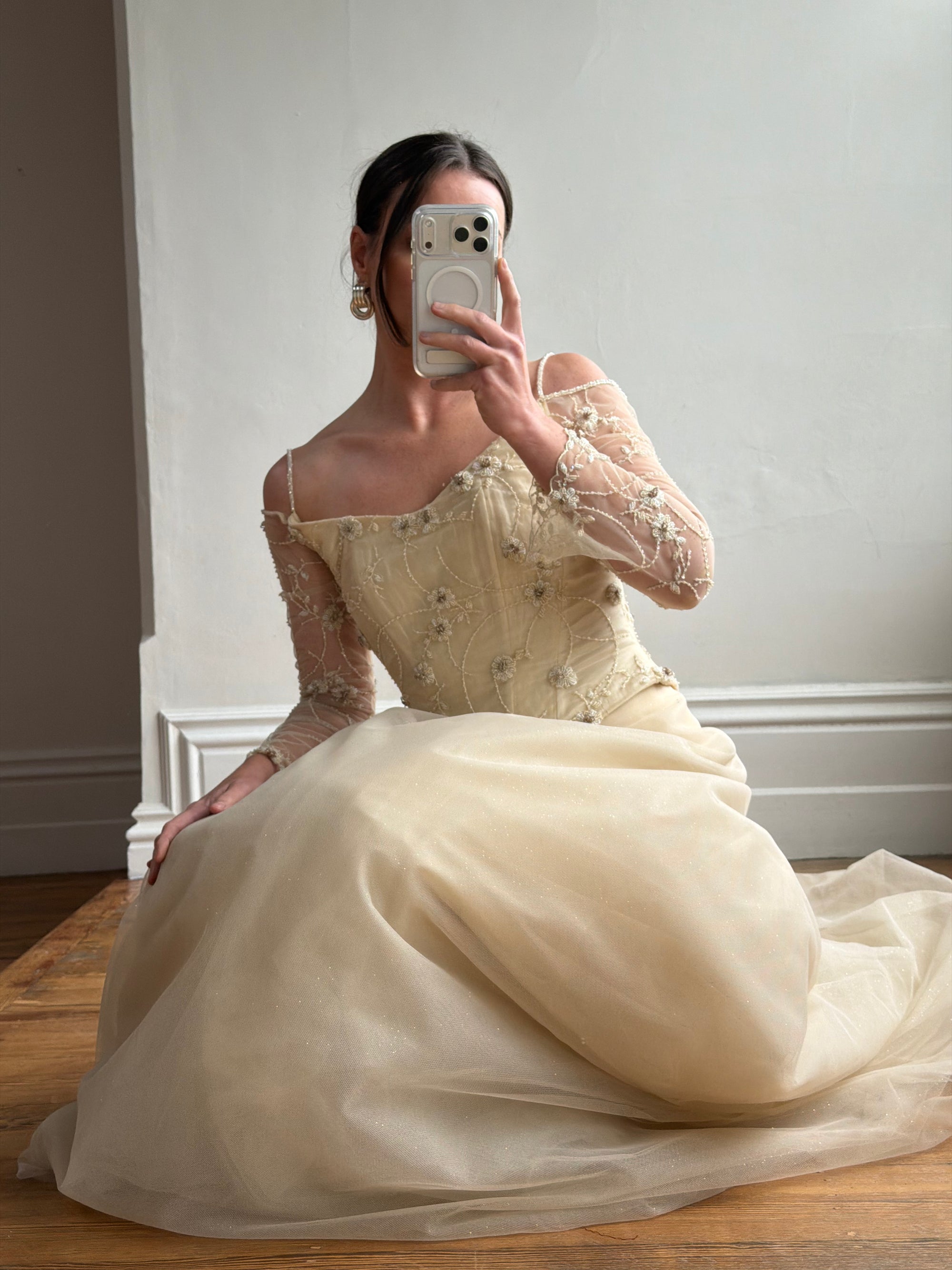 Vintage 90s Daisy Glass Bead Long Sleeved Bustier &amp; Sparkle Tulle Ball Gown Set