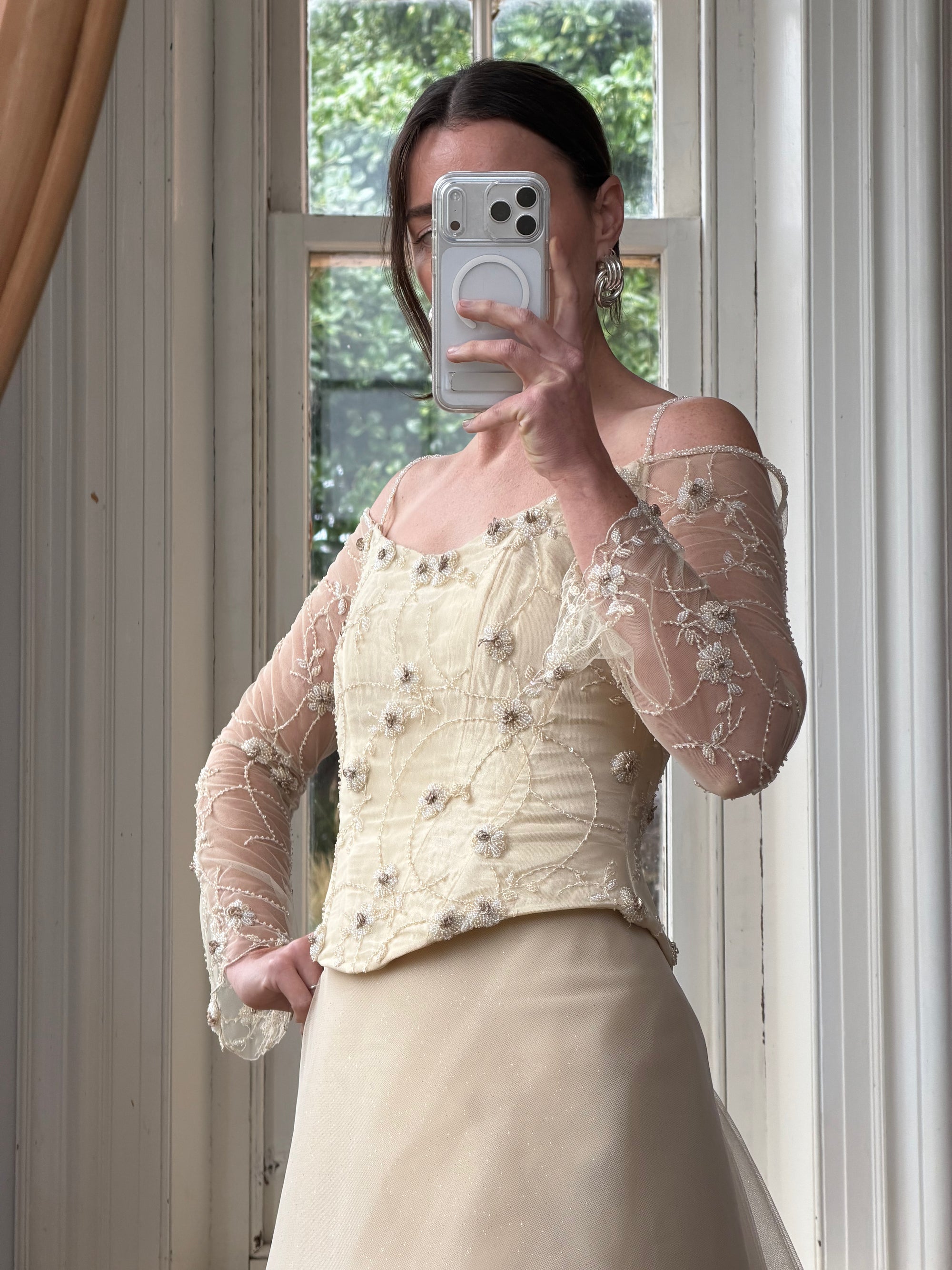 Vintage 90s Daisy Glass Bead Long Sleeved Bustier &amp; Sparkle Tulle Ball Gown Set