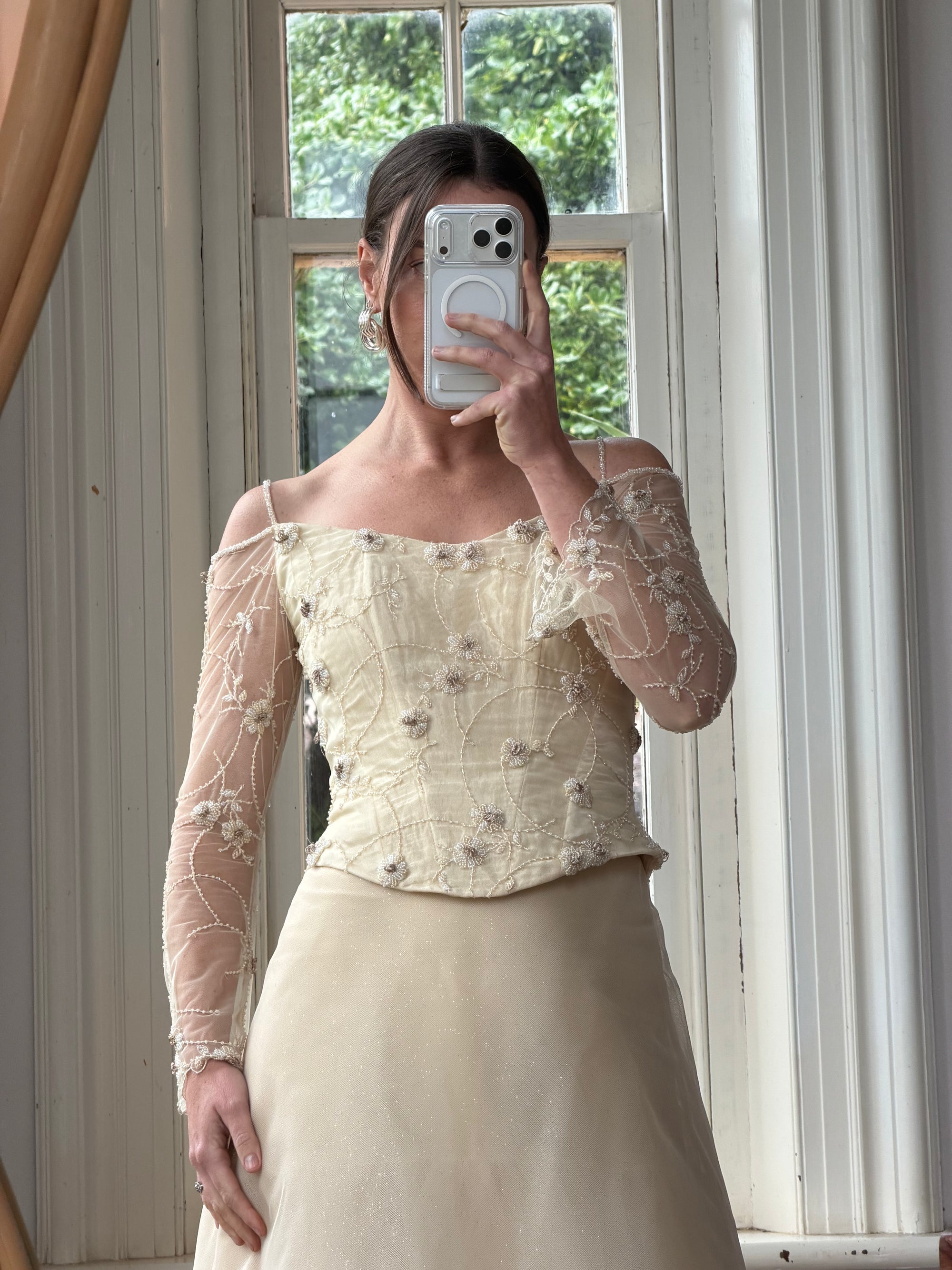 Vintage 90s Daisy Glass Bead Long Sleeved Bustier &amp; Sparkle Tulle Ball Gown Set