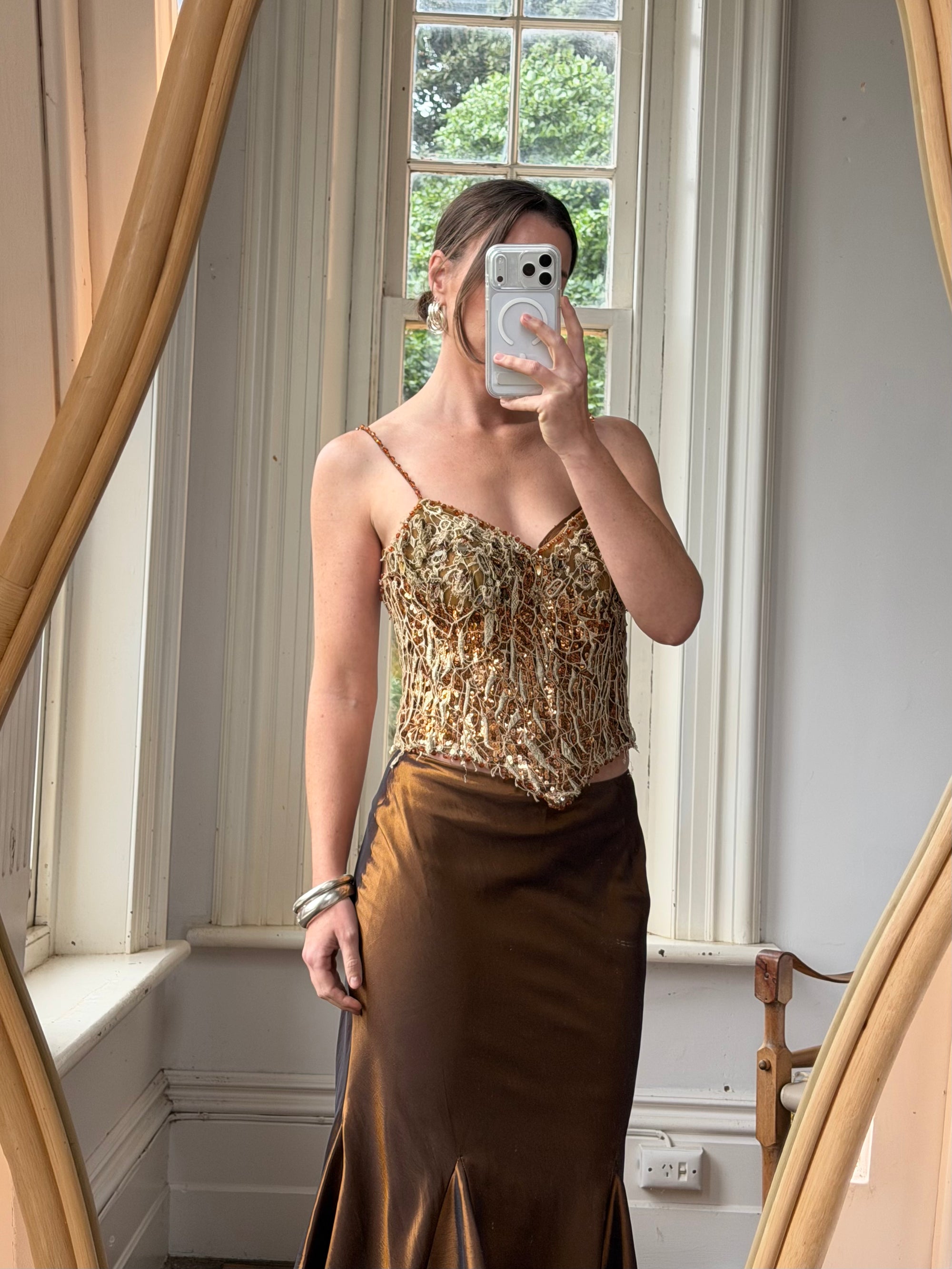 Vintage 90s Haute Couture Beaded Bustier and Bronze Taffeta Skirt Set