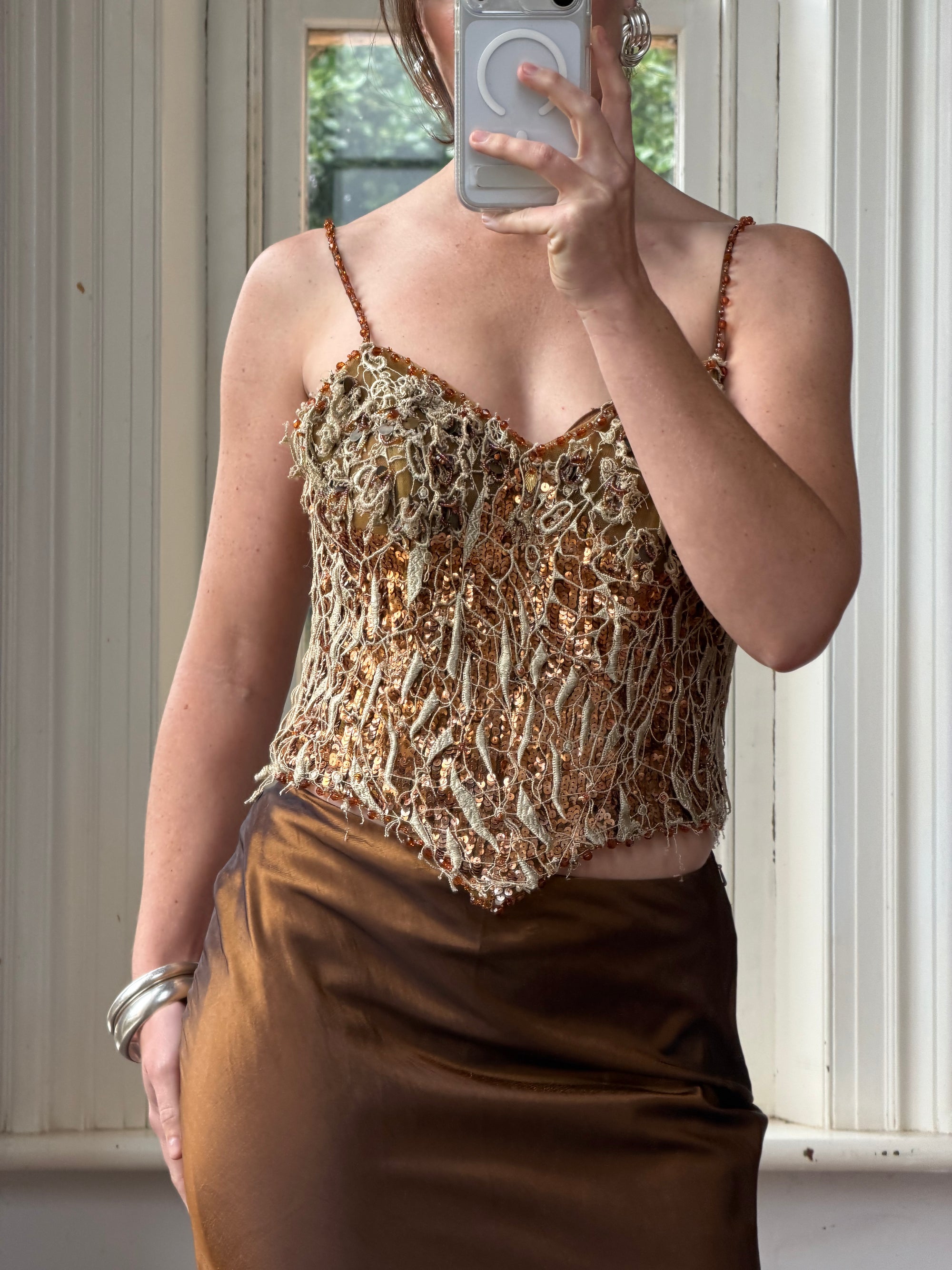 Vintage 90s Haute Couture Beaded Bustier and Bronze Taffeta Skirt Set