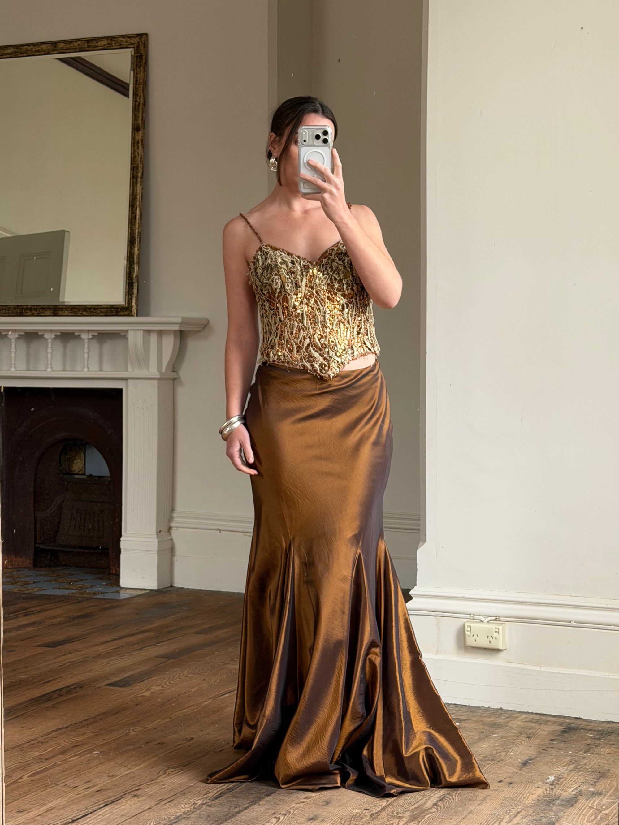 Vintage 90s Haute Couture Beaded Bustier and Bronze Taffeta Skirt Set