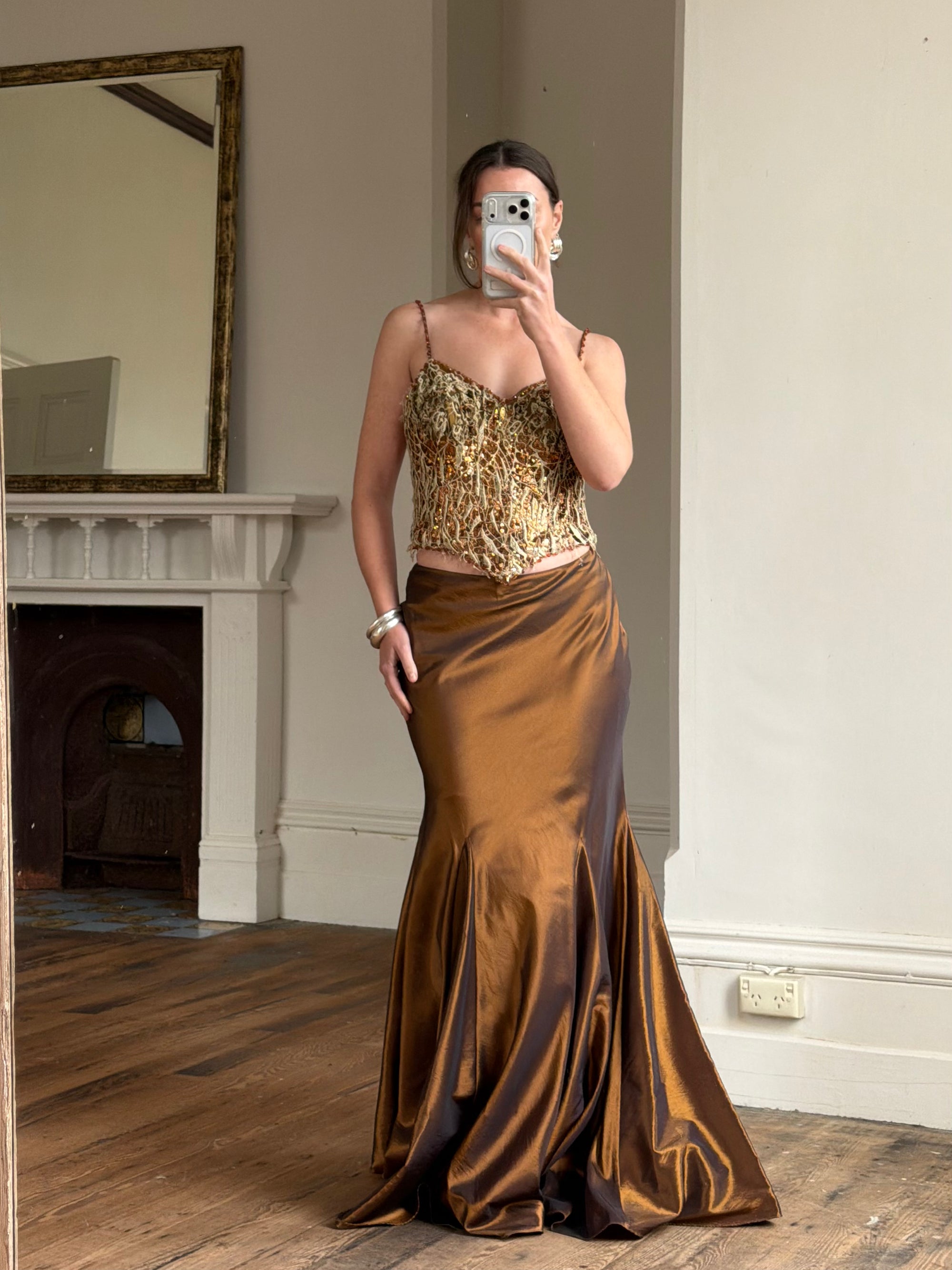 Vintage 90s Haute Couture Beaded Bustier and Bronze Taffeta Skirt Set