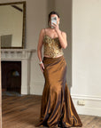 Vintage 90s Haute Couture Beaded Bustier and Bronze Taffeta Skirt Set