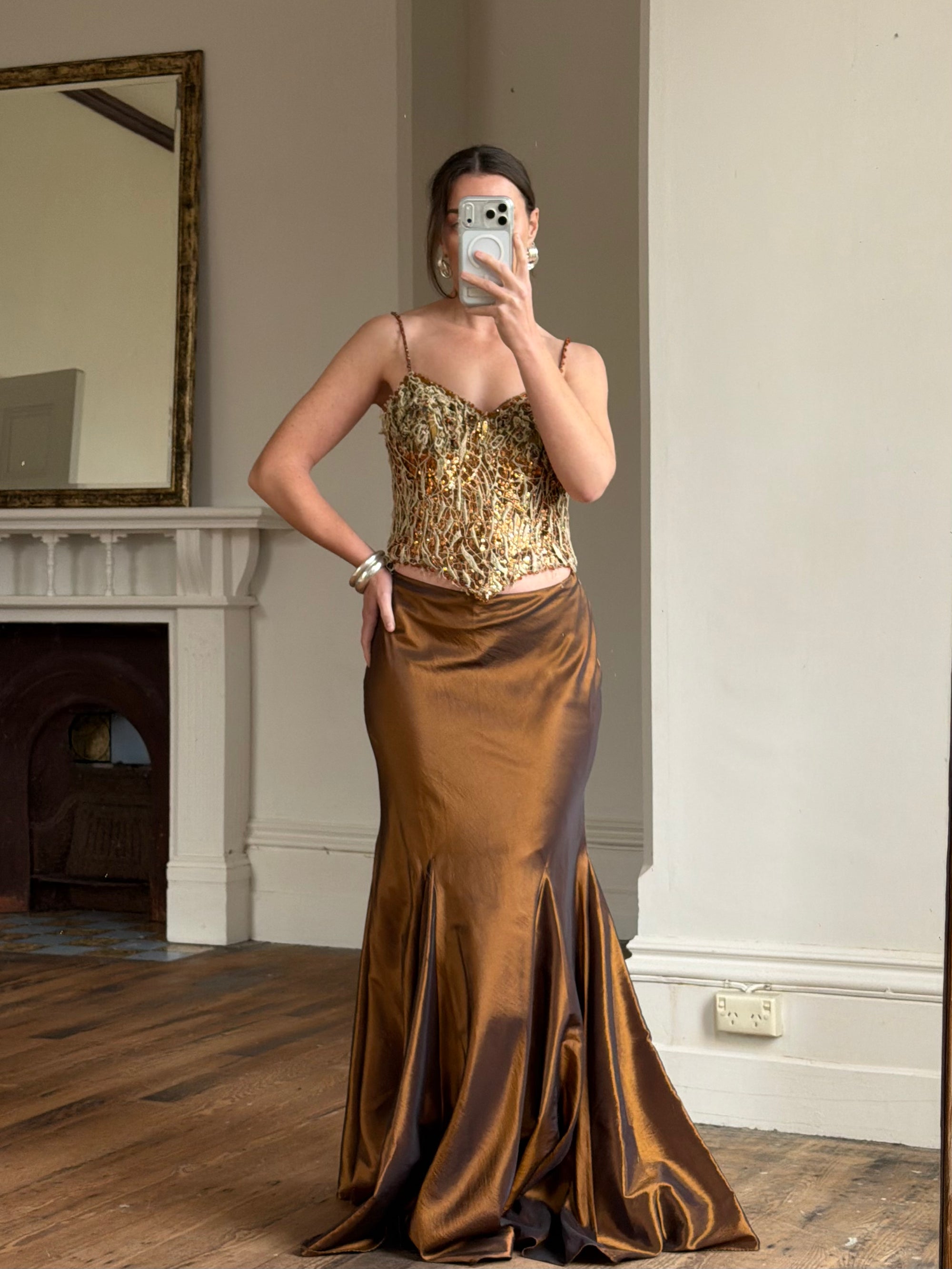 Vintage 90s Haute Couture Beaded Bustier and Bronze Taffeta Skirt Set
