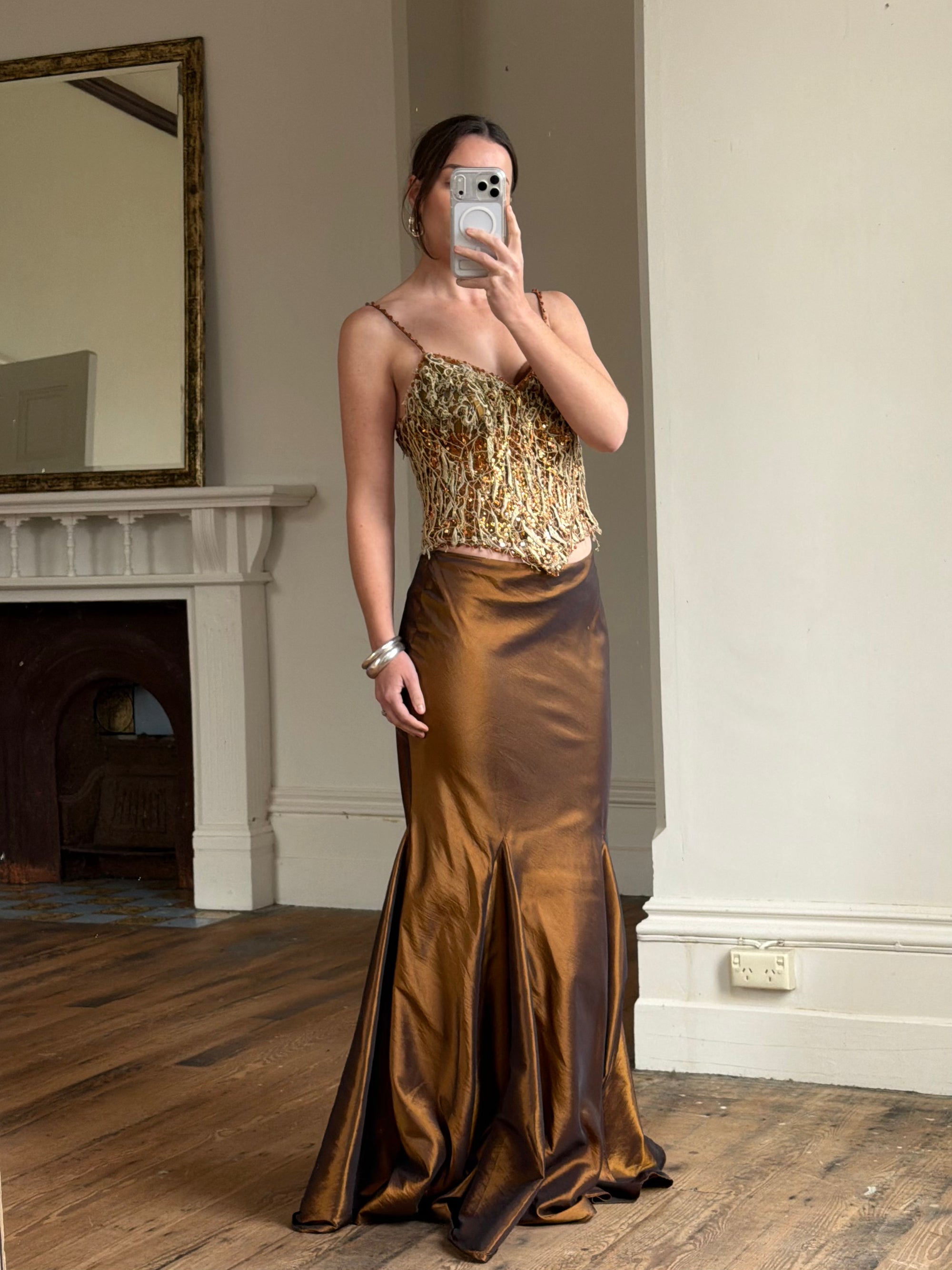 Vintage 90s Haute Couture Beaded Bustier and Bronze Taffeta Skirt Set