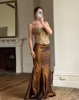 Vintage 90s Haute Couture Beaded Bustier and Bronze Taffeta Skirt Set