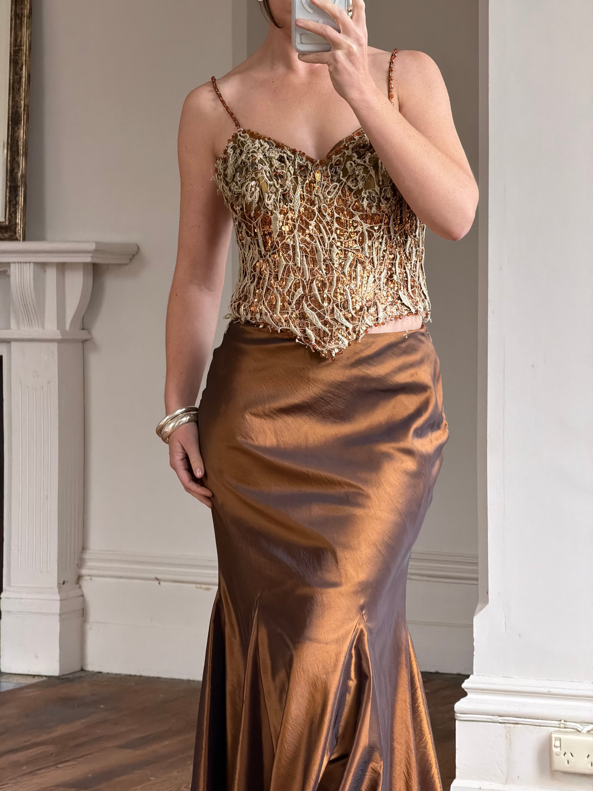 Vintage 90s Haute Couture Beaded Bustier and Bronze Taffeta Skirt Set