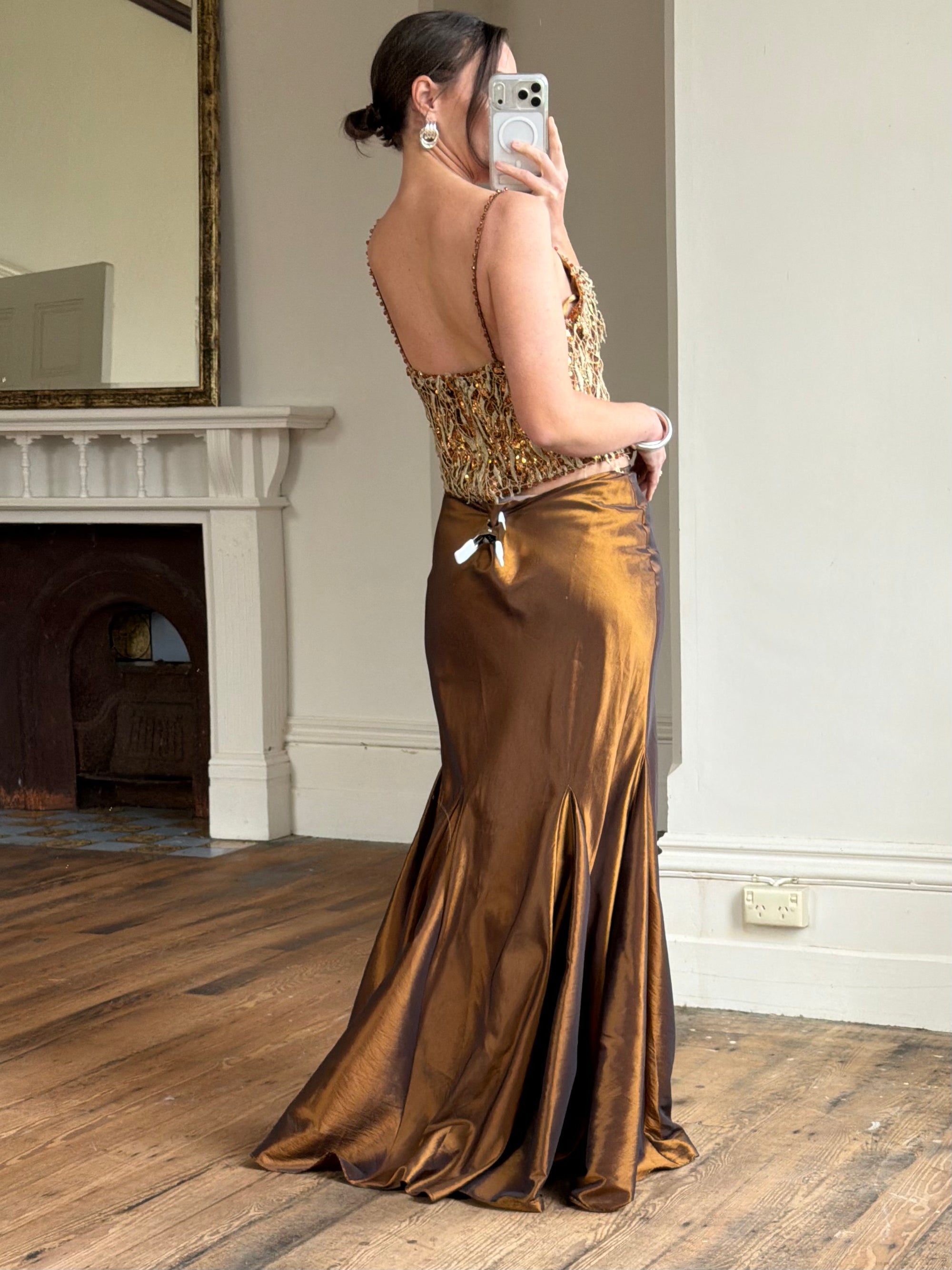 Vintage 90s Haute Couture Beaded Bustier and Bronze Taffeta Skirt Set