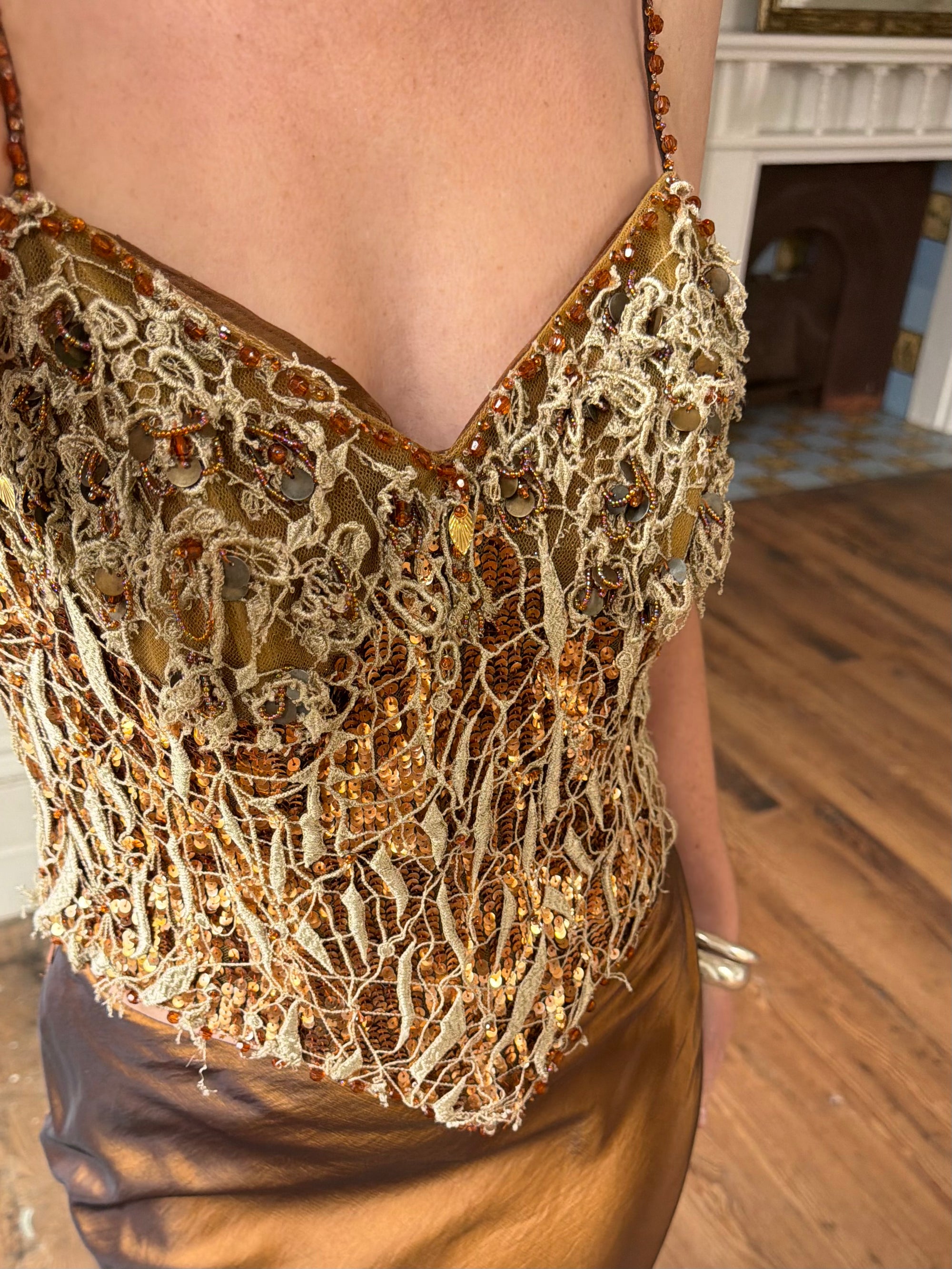 Vintage 90s Haute Couture Beaded Bustier and Bronze Taffeta Skirt Set