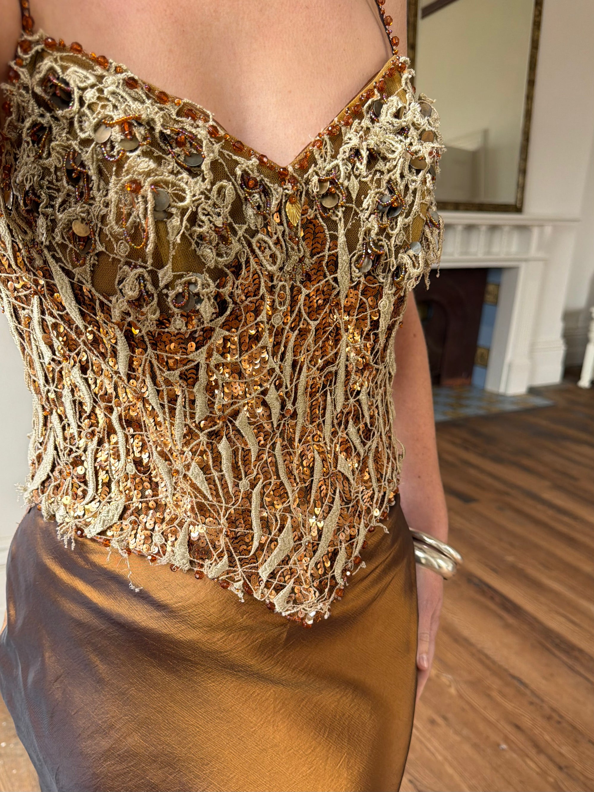 Vintage 90s Haute Couture Beaded Bustier and Bronze Taffeta Skirt Set