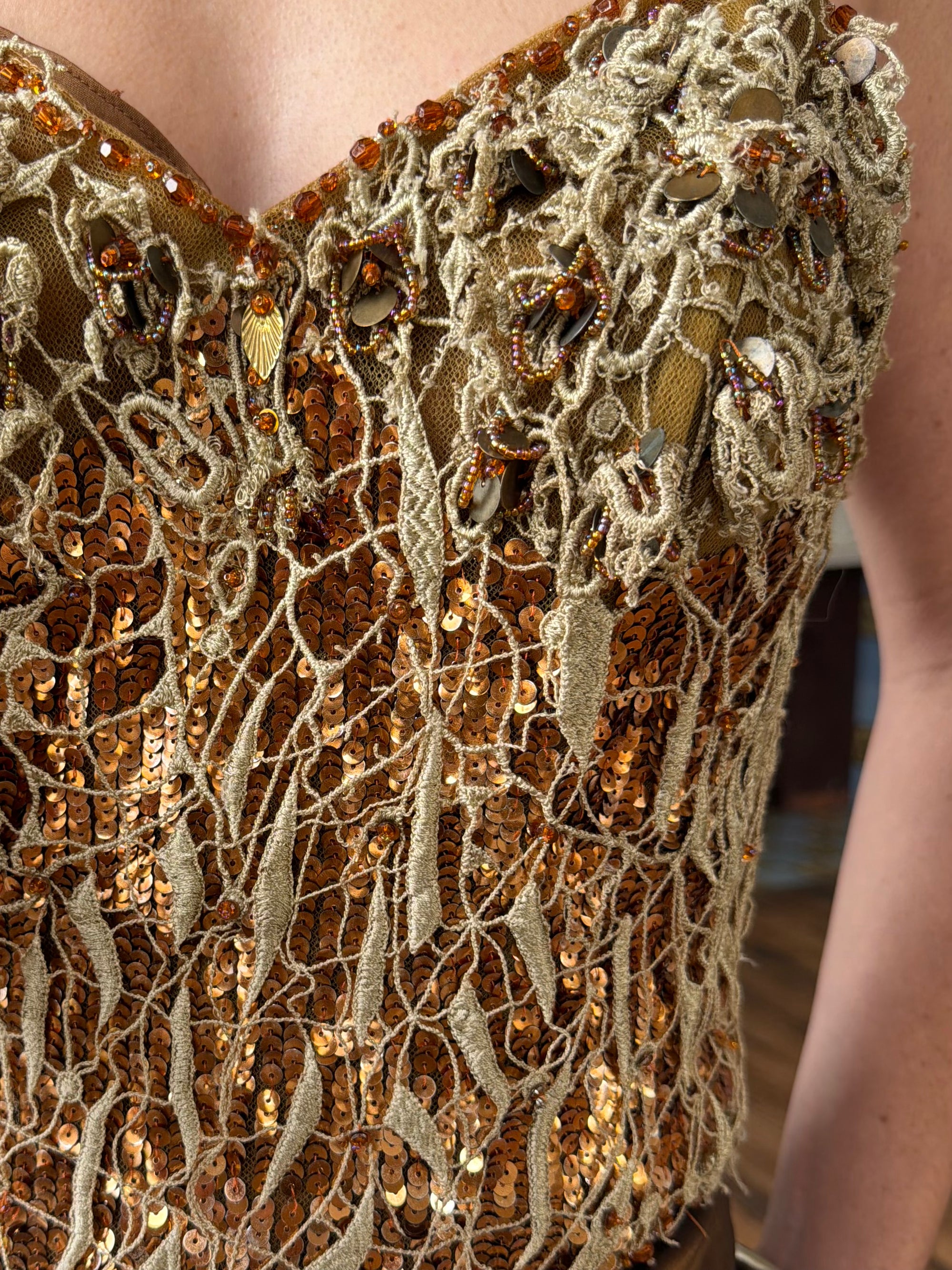 Vintage 90s Haute Couture Beaded Bustier and Bronze Taffeta Skirt Set