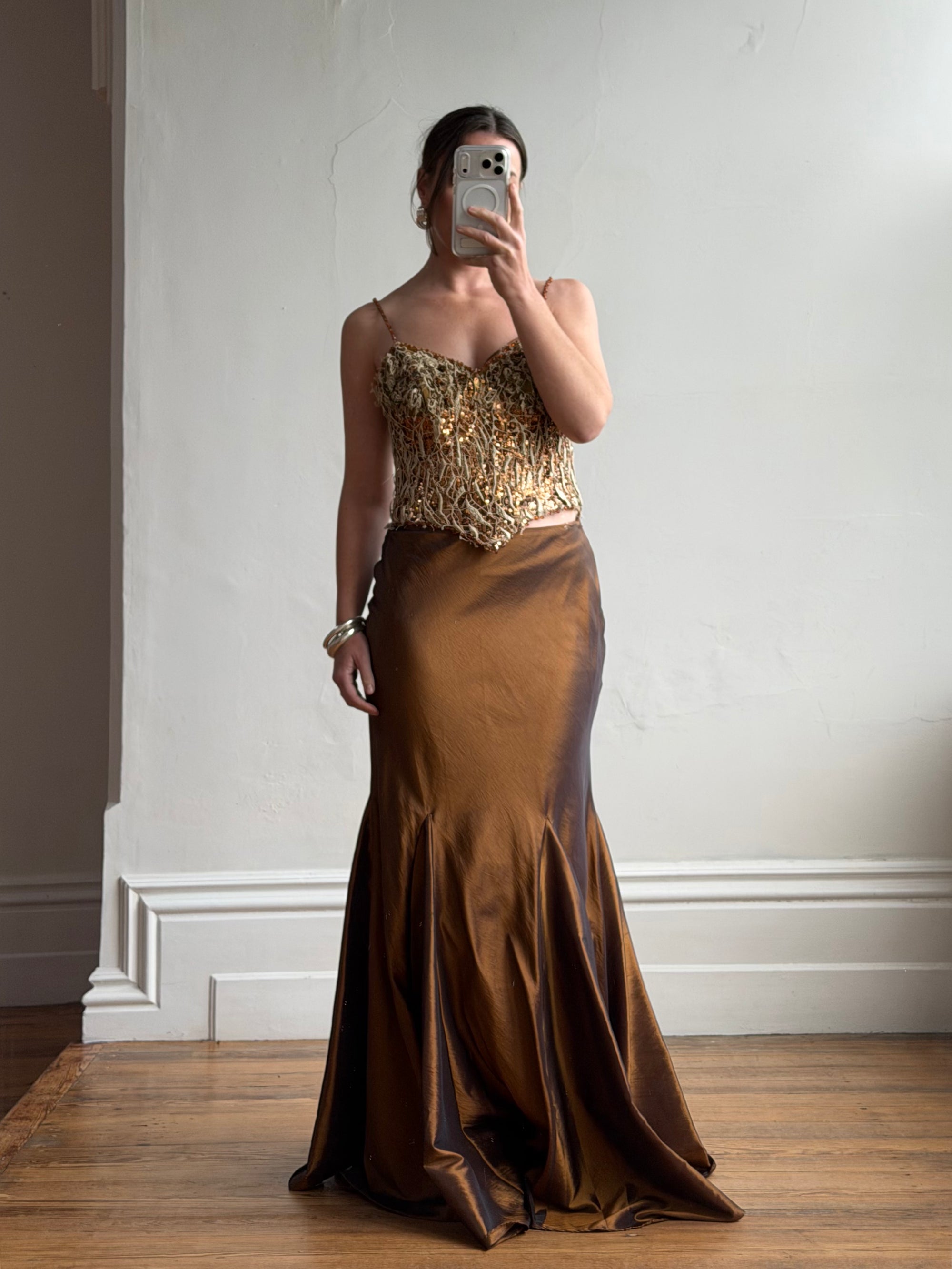 Vintage 90s Haute Couture Beaded Bustier and Bronze Taffeta Skirt Set
