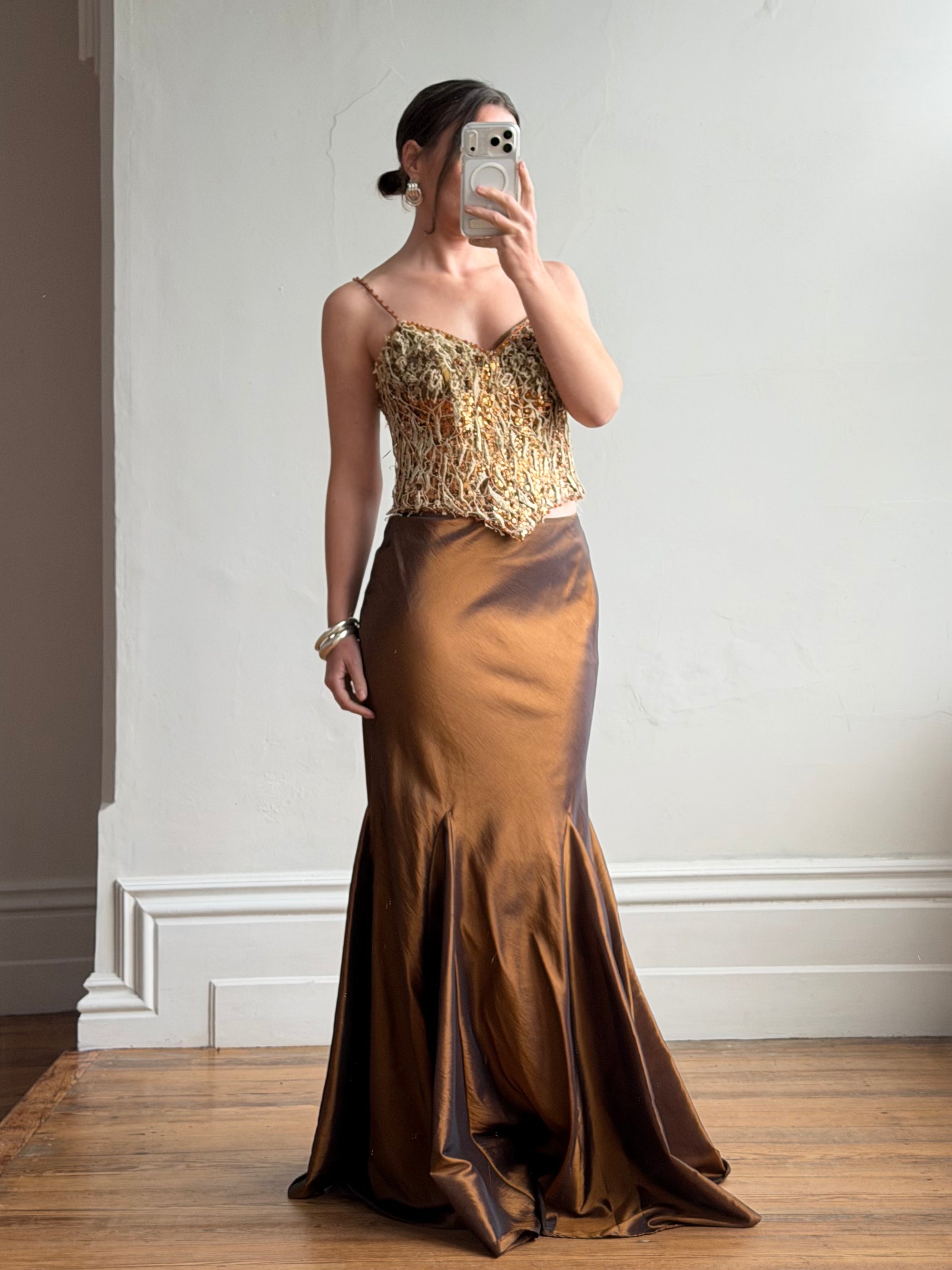 Vintage 90s Haute Couture Beaded Bustier and Bronze Taffeta Skirt Set