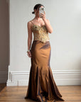 Vintage 90s Haute Couture Beaded Bustier and Bronze Taffeta Skirt Set