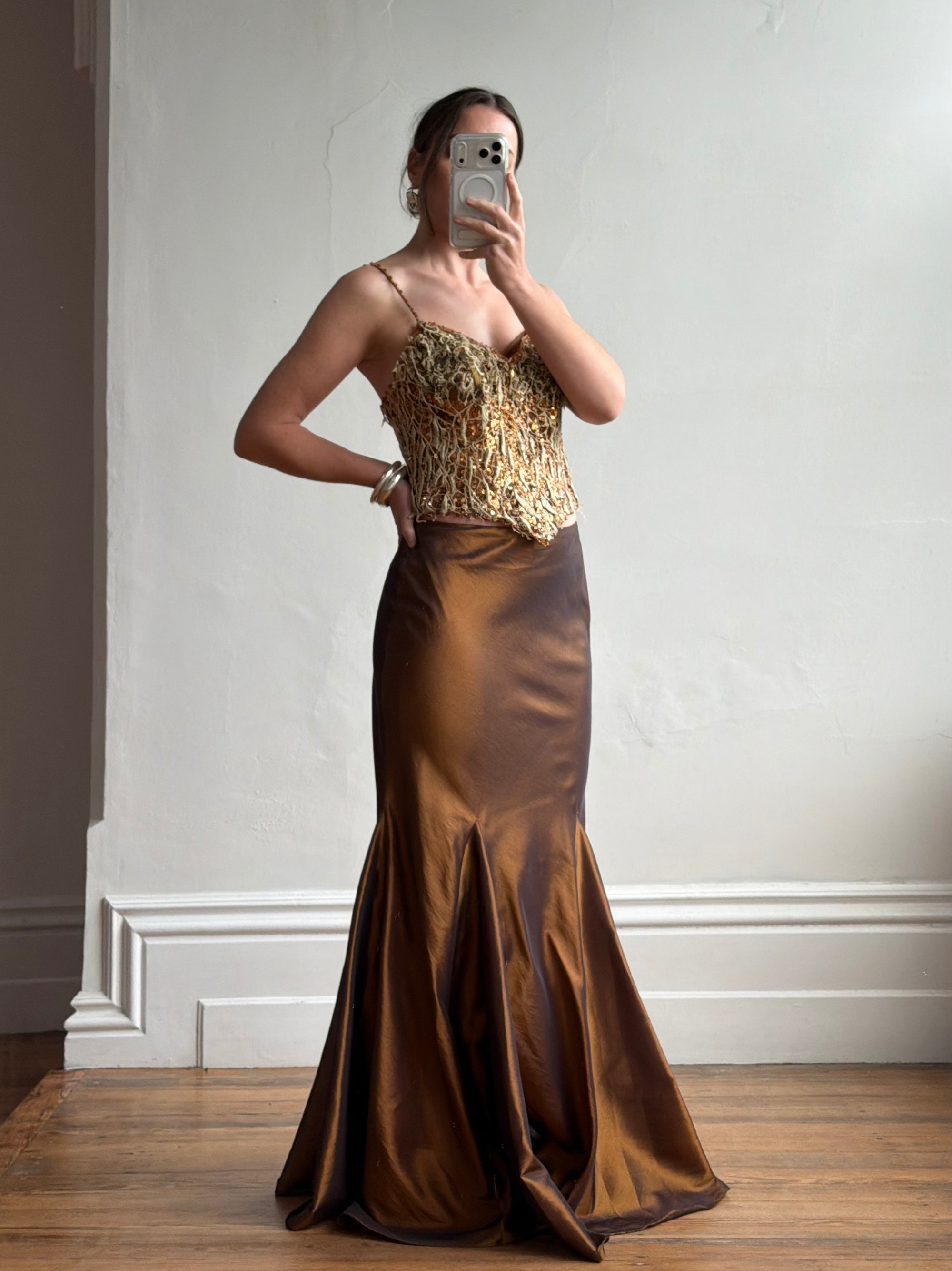 Vintage 90s Haute Couture Beaded Bustier and Bronze Taffeta Skirt Set