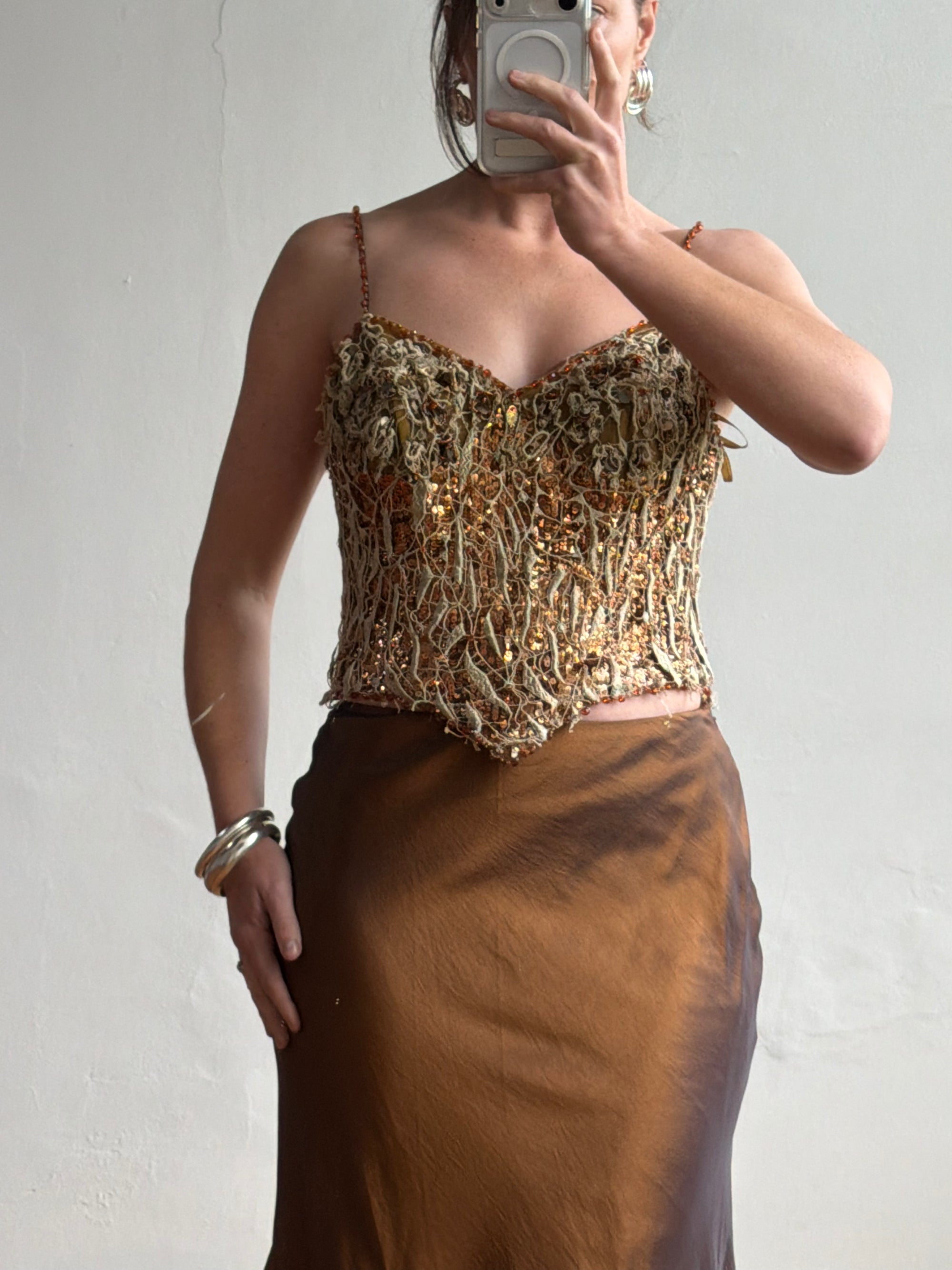 Vintage 90s Haute Couture Beaded Bustier and Bronze Taffeta Skirt Set