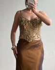 Vintage 90s Haute Couture Beaded Bustier and Bronze Taffeta Skirt Set