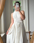 Vintage 90s Pleated Ivory Silk Couture Bridal Dress with Belt