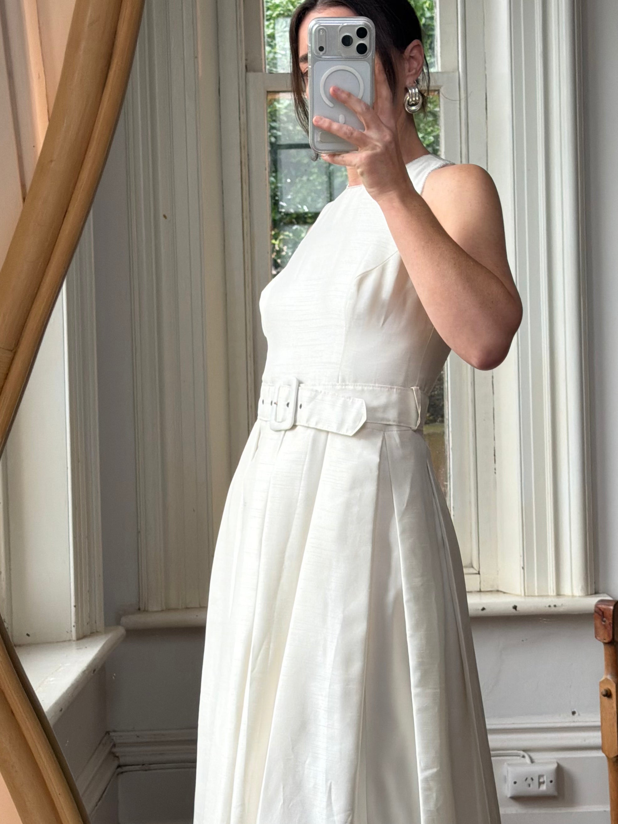 Vintage 90s Pleated Ivory Silk Couture Bridal Dress with Belt