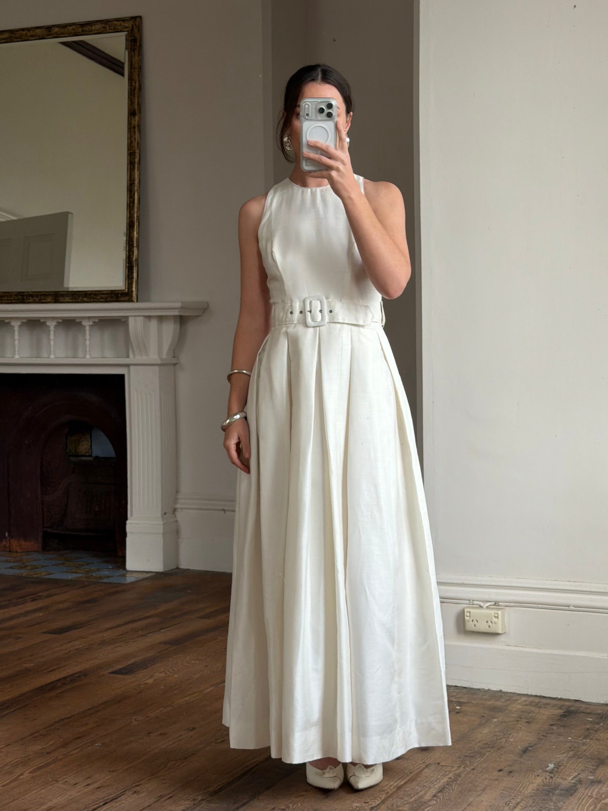 Vintage 90s Pleated Ivory Silk Couture Bridal Dress with Belt