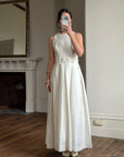 Vintage 90s Pleated Ivory Silk Couture Bridal Dress with Belt