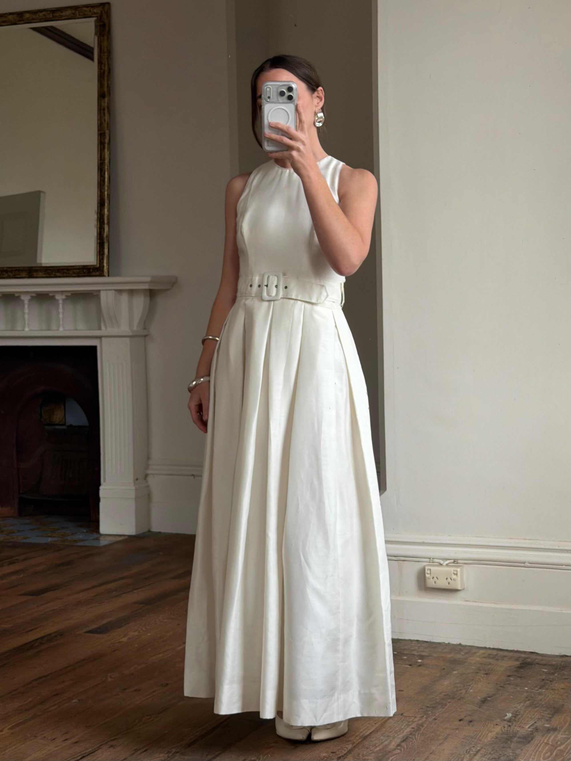 Vintage 90s Pleated Ivory Silk Couture Bridal Dress with Belt
