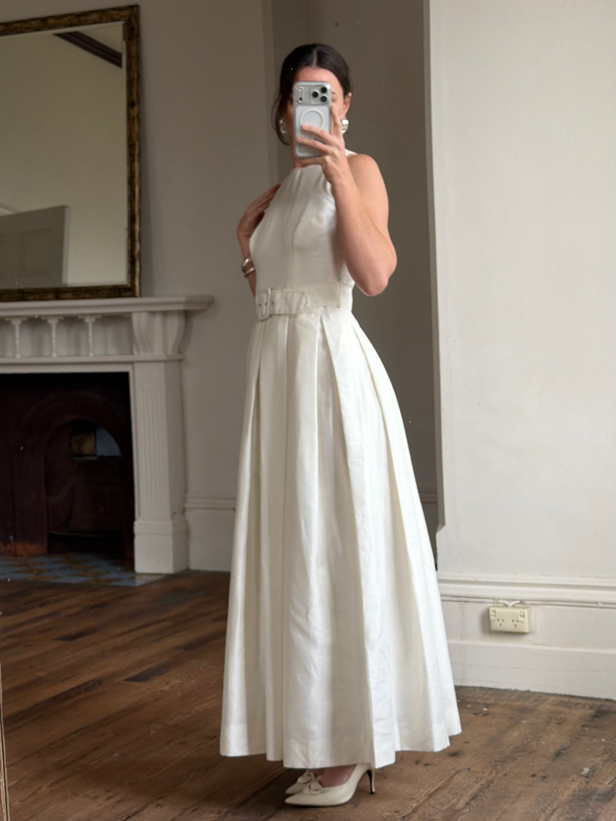 Vintage 90s Pleated Ivory Silk Couture Bridal Dress with Belt