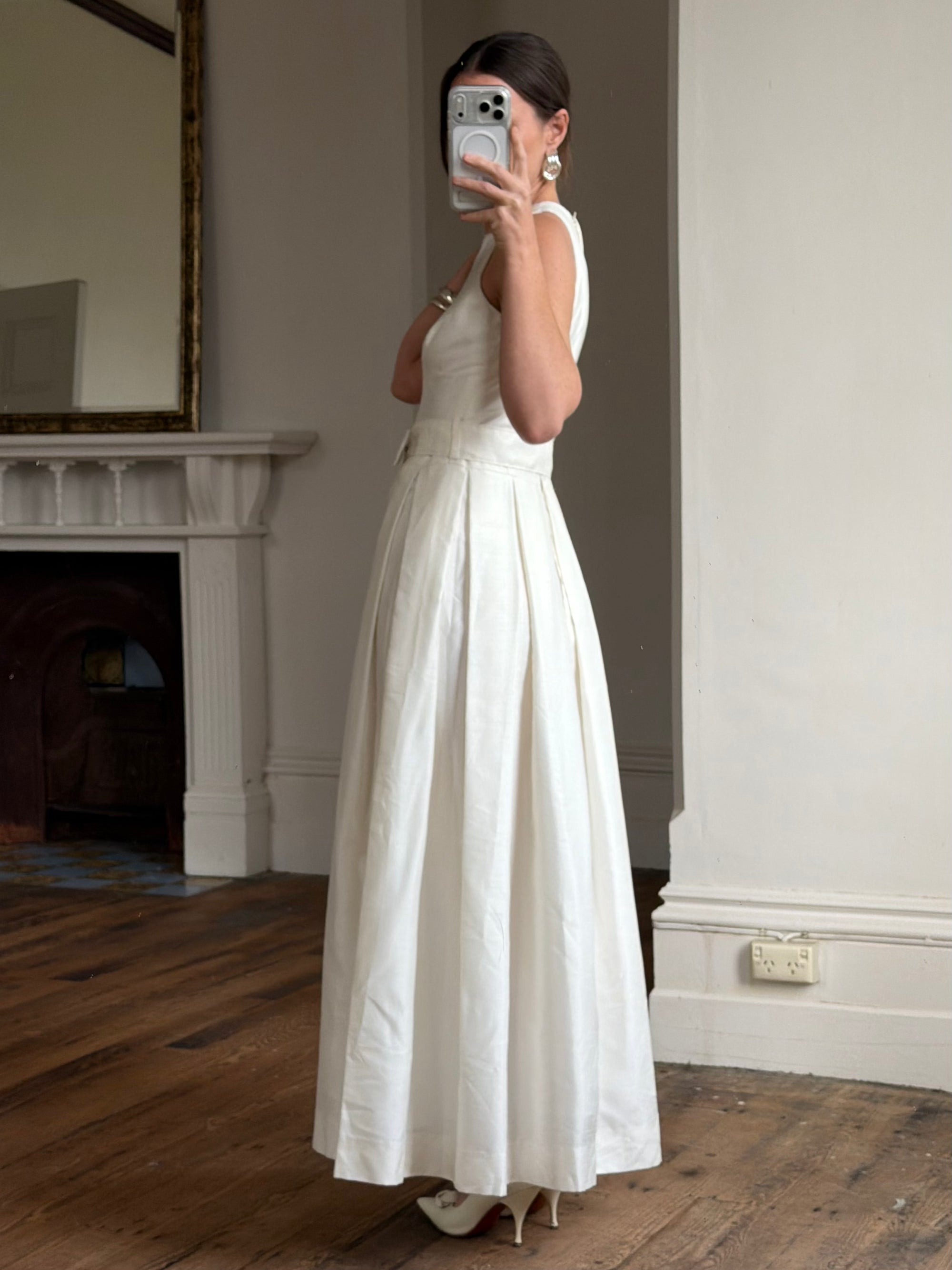 Vintage 90s Pleated Ivory Silk Couture Bridal Dress with Belt