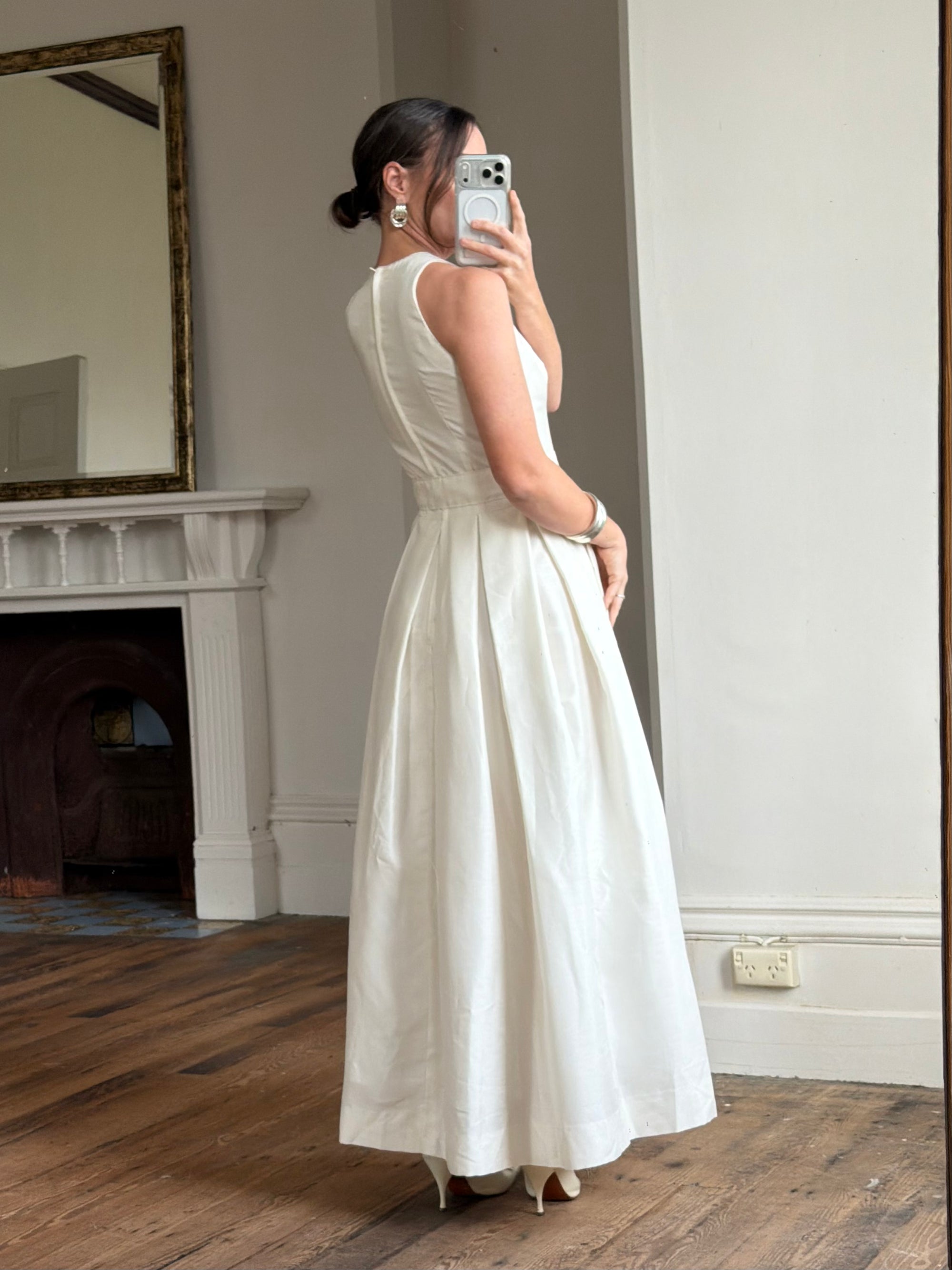 Vintage 90s Pleated Ivory Silk Couture Bridal Dress with Belt