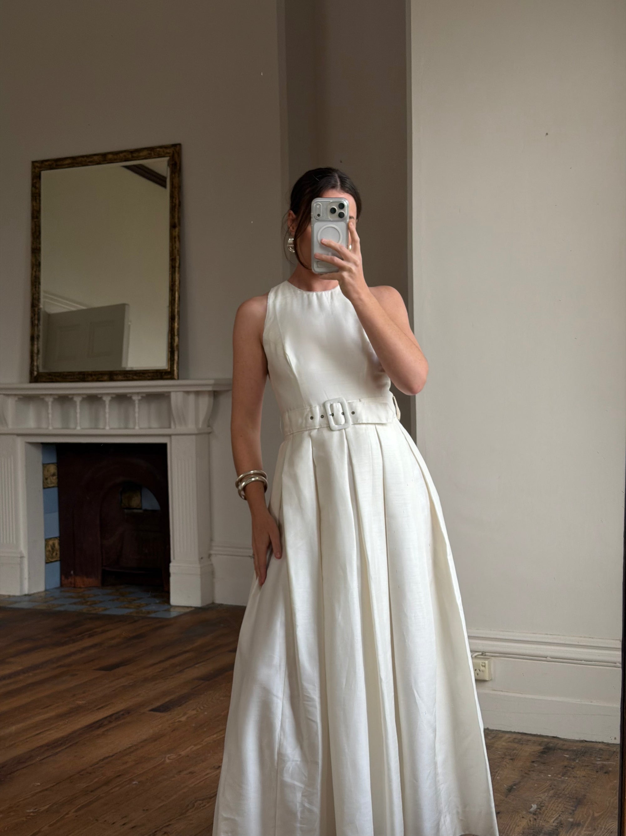 Vintage 90s Pleated Ivory Silk Couture Bridal Dress with Belt