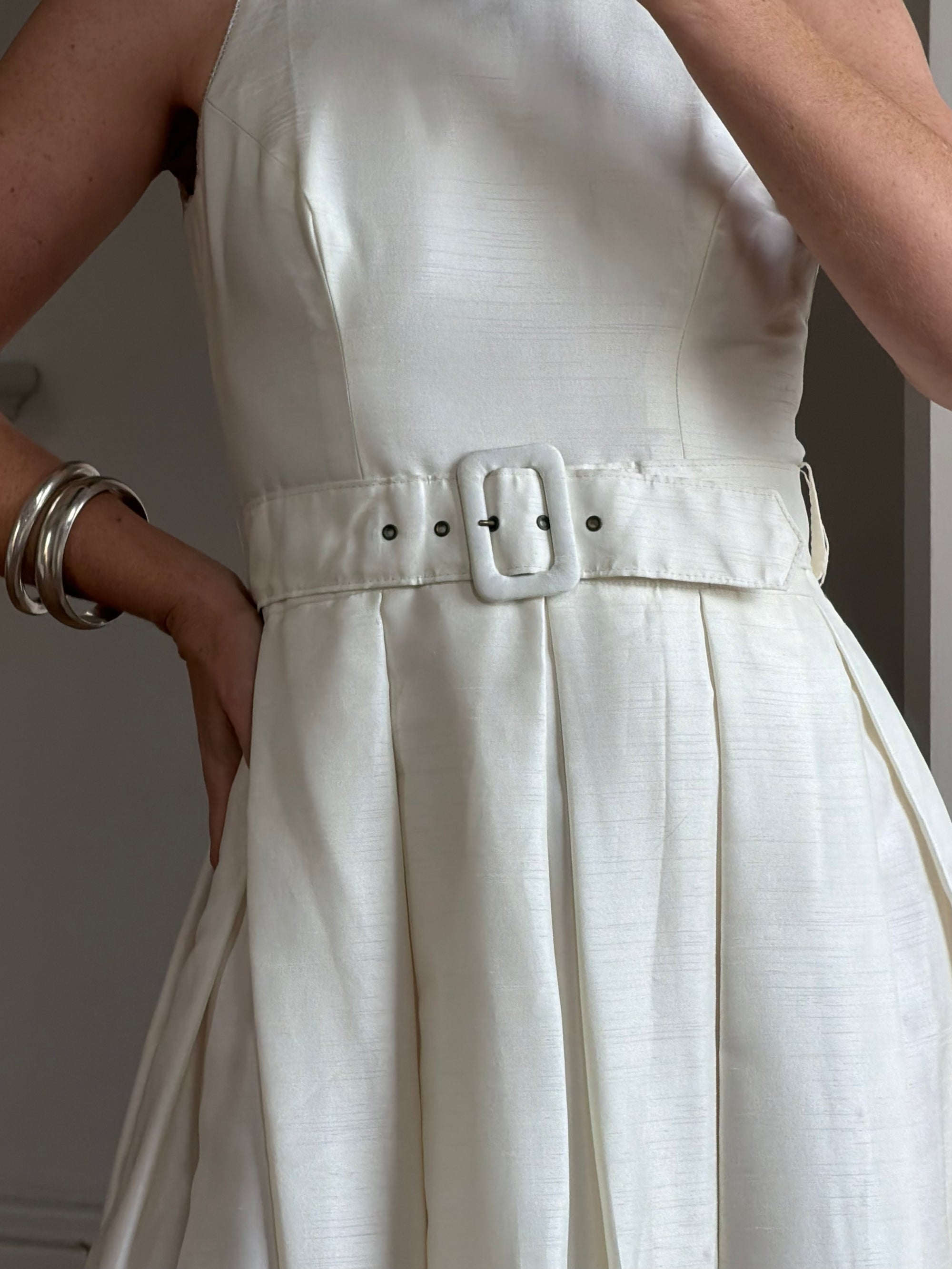 Vintage 90s Pleated Ivory Silk Couture Bridal Dress with Belt