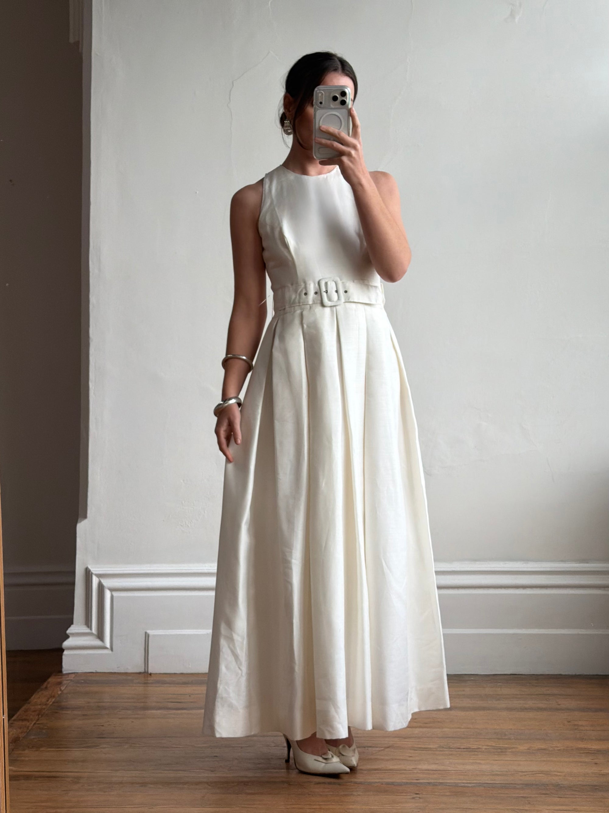 Vintage 90s Pleated Ivory Silk Couture Bridal Dress with Belt
