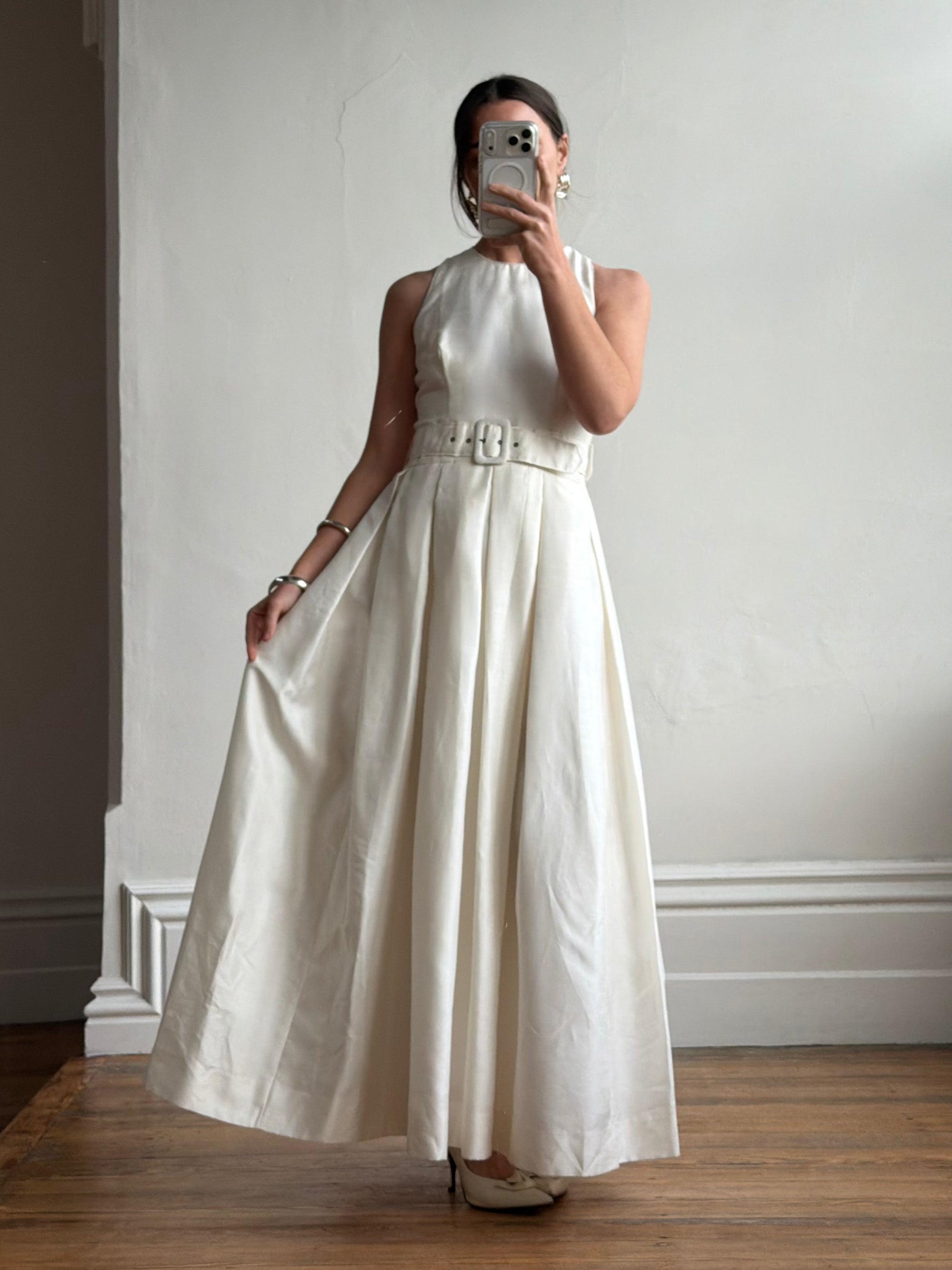Vintage 90s Pleated Ivory Silk Couture Bridal Dress with Belt
