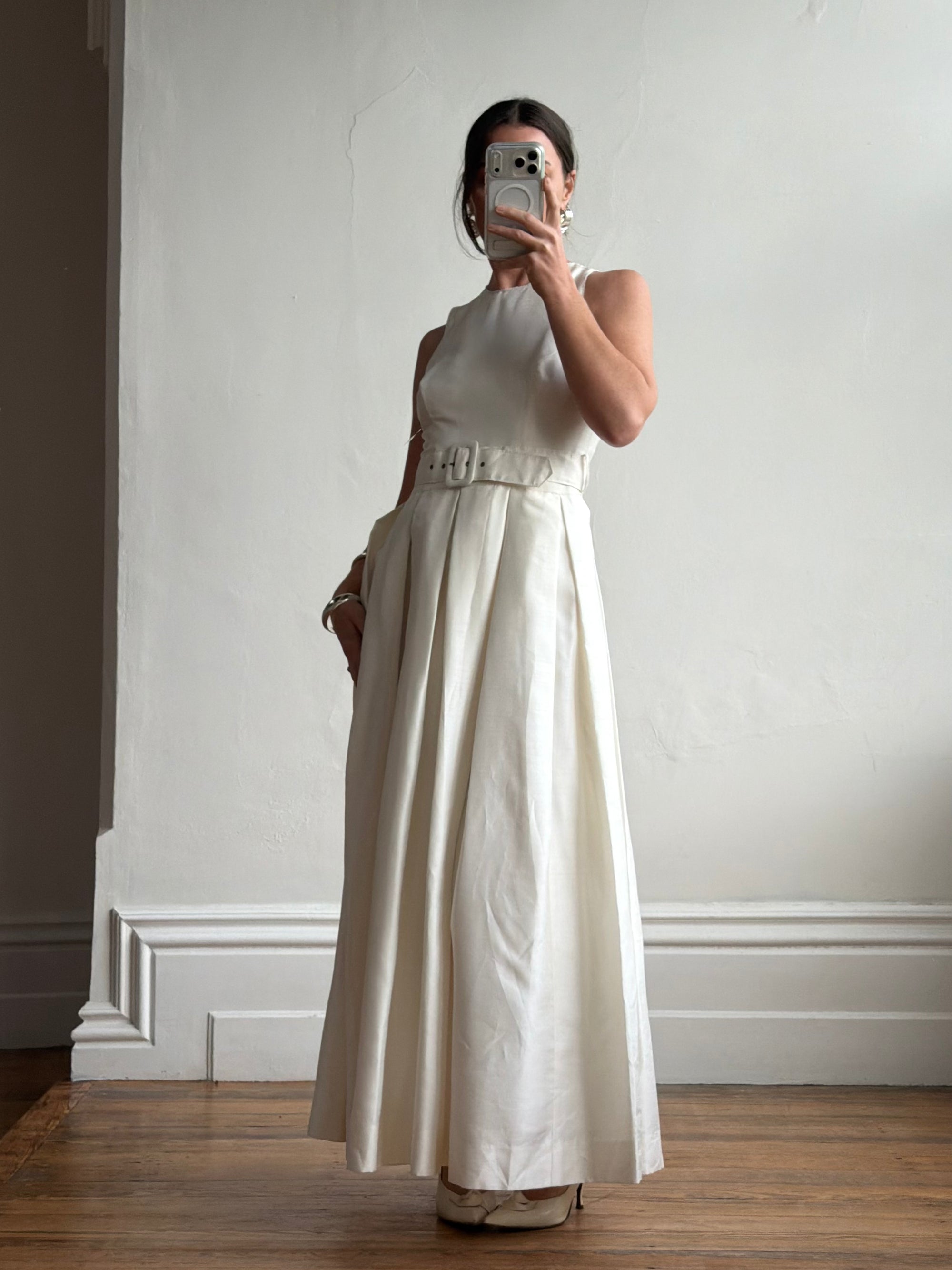 Vintage 90s Pleated Ivory Silk Couture Bridal Dress with Belt