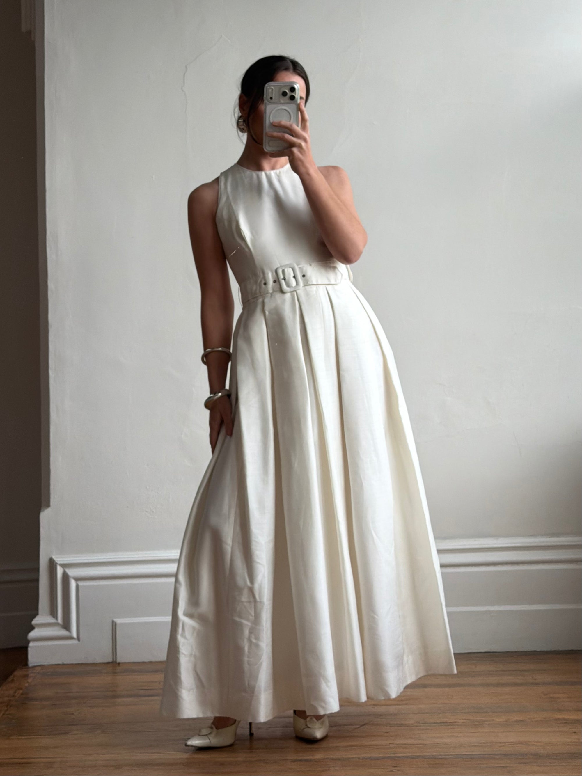 Vintage 90s Pleated Ivory Silk Couture Bridal Dress with Belt