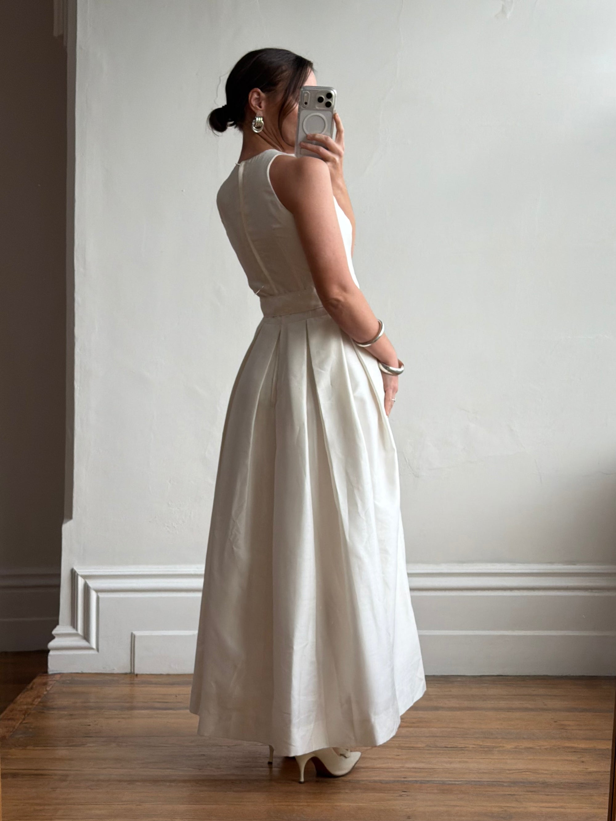 Vintage 90s Pleated Ivory Silk Couture Bridal Dress with Belt