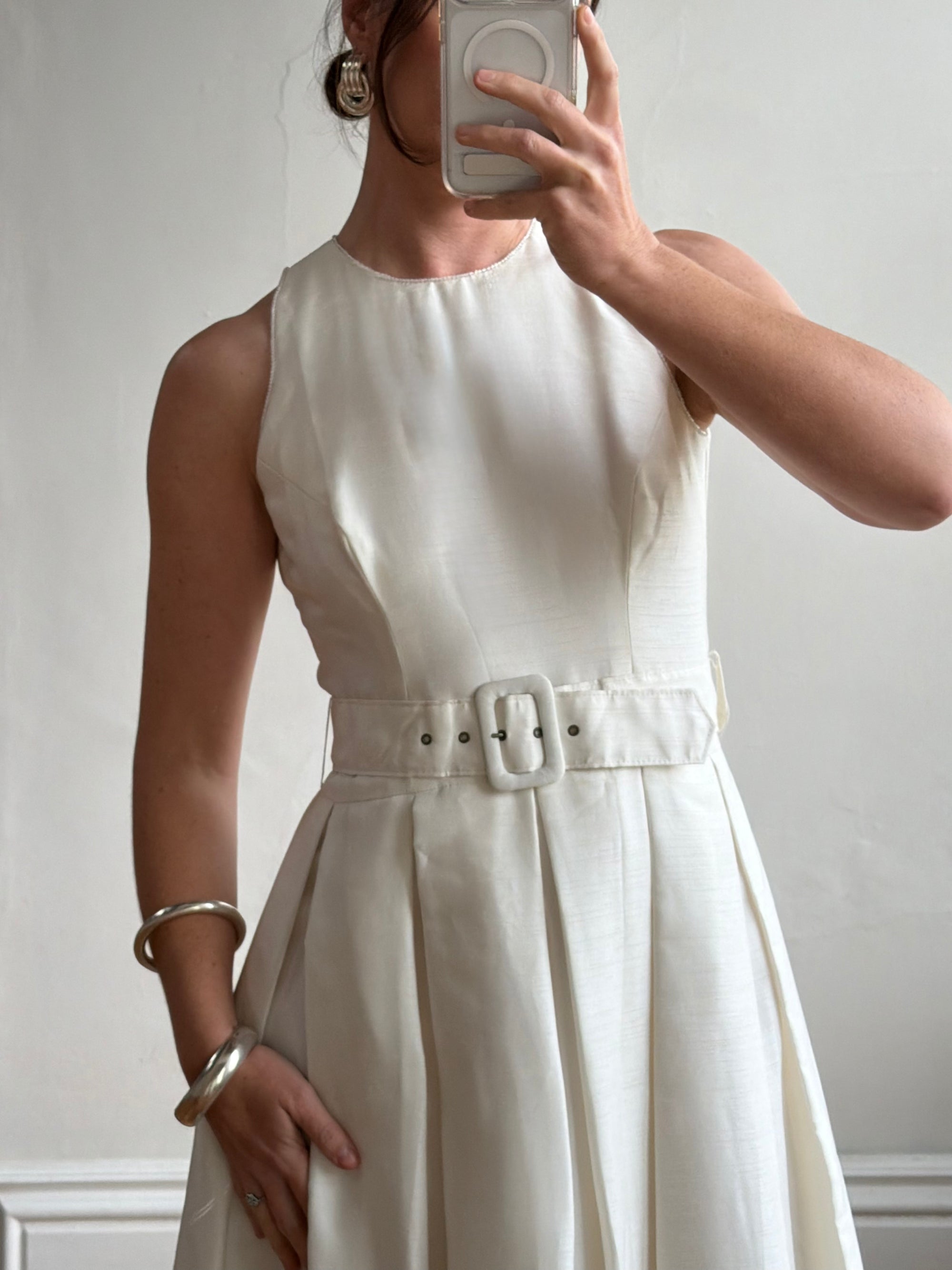 Vintage 90s Pleated Ivory Silk Couture Bridal Dress with Belt
