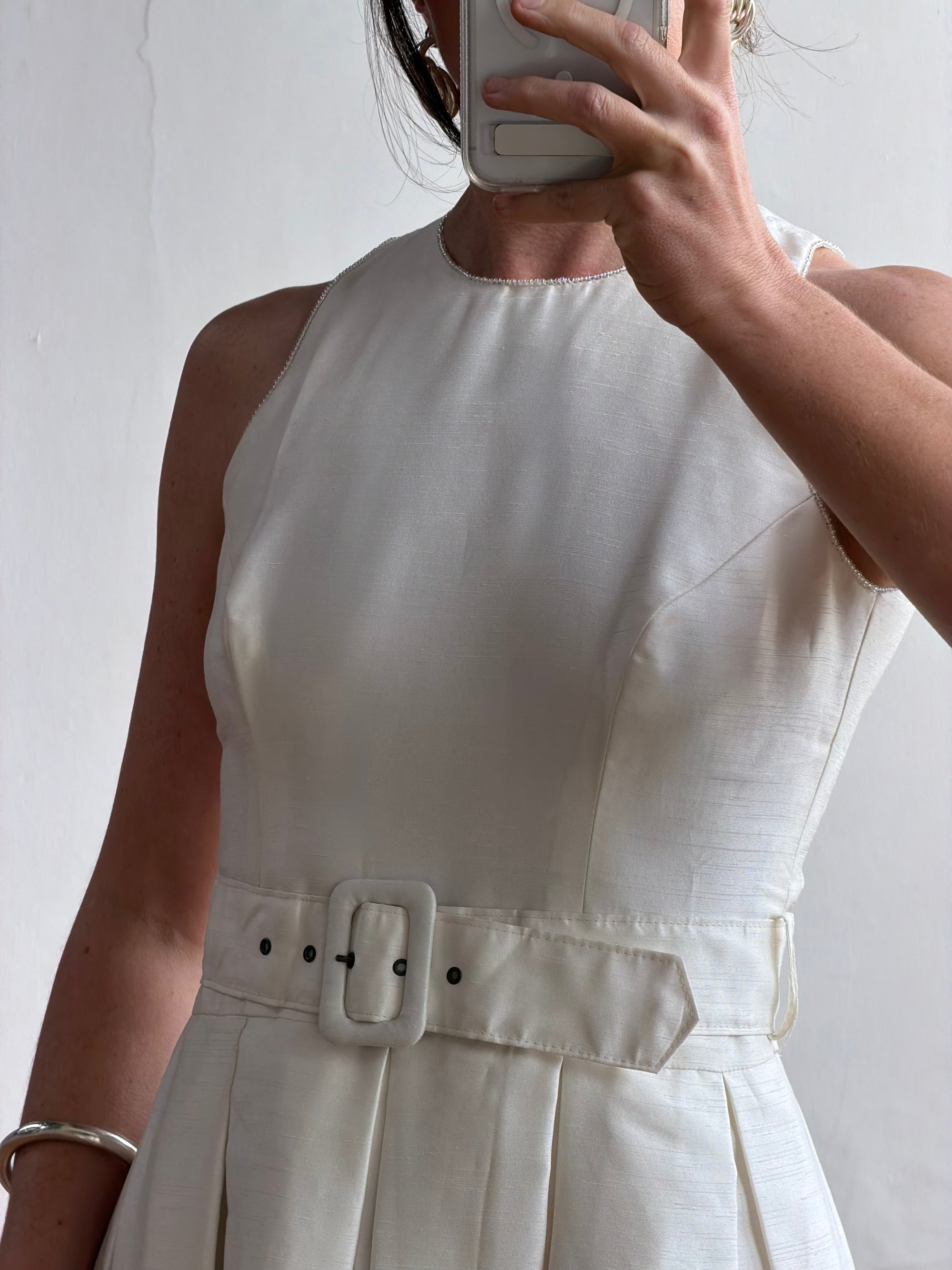 Vintage 90s Pleated Ivory Silk Couture Bridal Dress with Belt